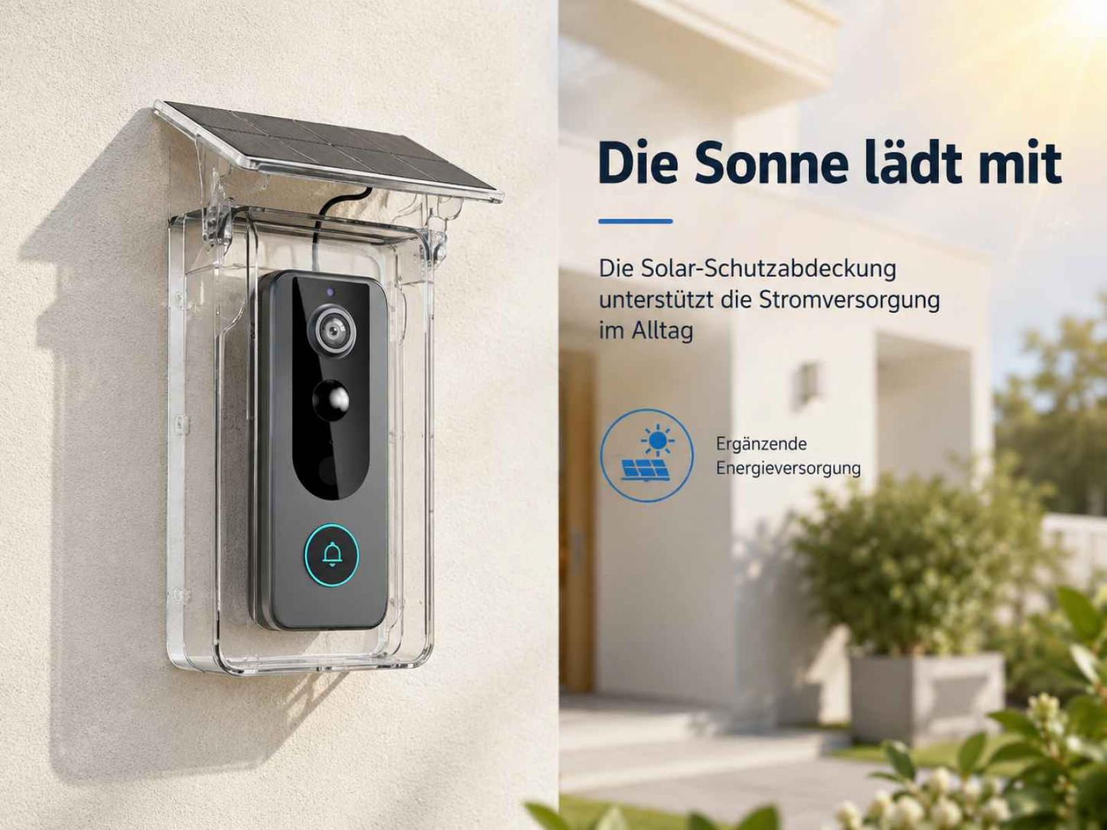 Eine Videotürklingel in einer transparenten Schutzhülle mit integriertem Solarpanel an einer hellen Wand.