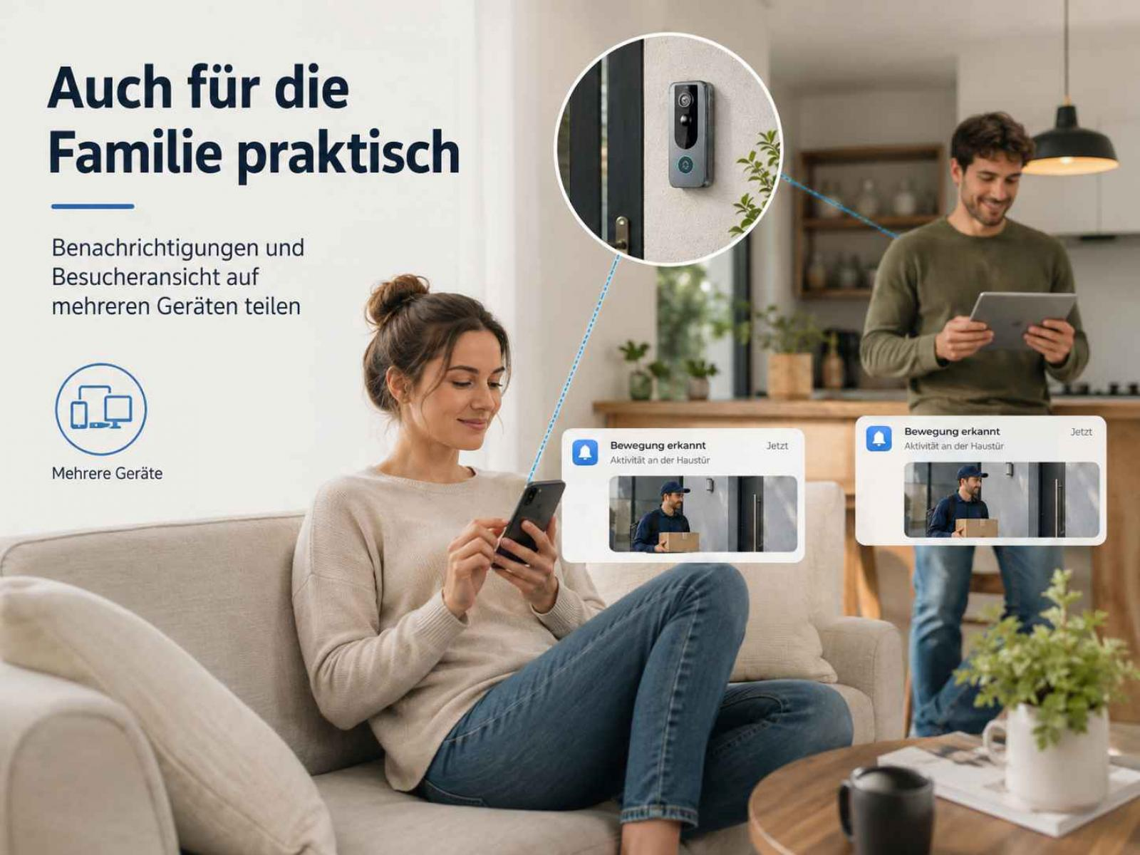 Eine Frau auf dem Sofa und ein Mann in der Küche sehen Video-Benachrichtigungen einer Haustürklingel auf ihren Geräten.
