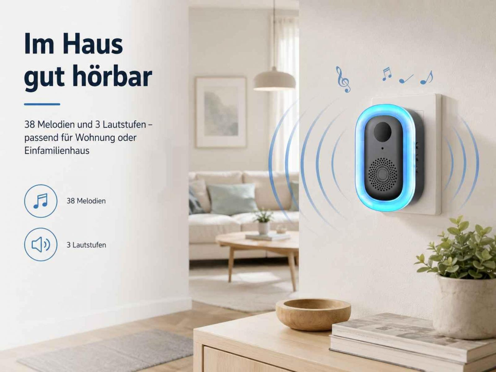 Ein weißer und schwarzer Türklingel-Empfänger mit blauem LED-Licht leuchtet an einer Wand, mit Musiknoten.