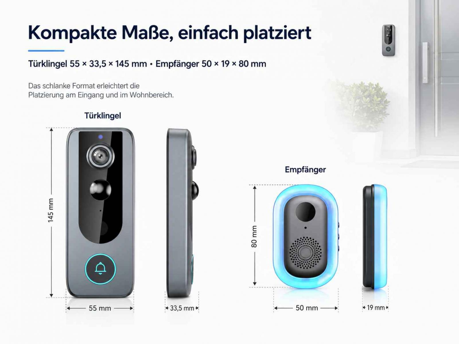 Diagramm zeigt die Abmessungen der Türklingel und des Empfängers mit Maßangaben in Millimetern.