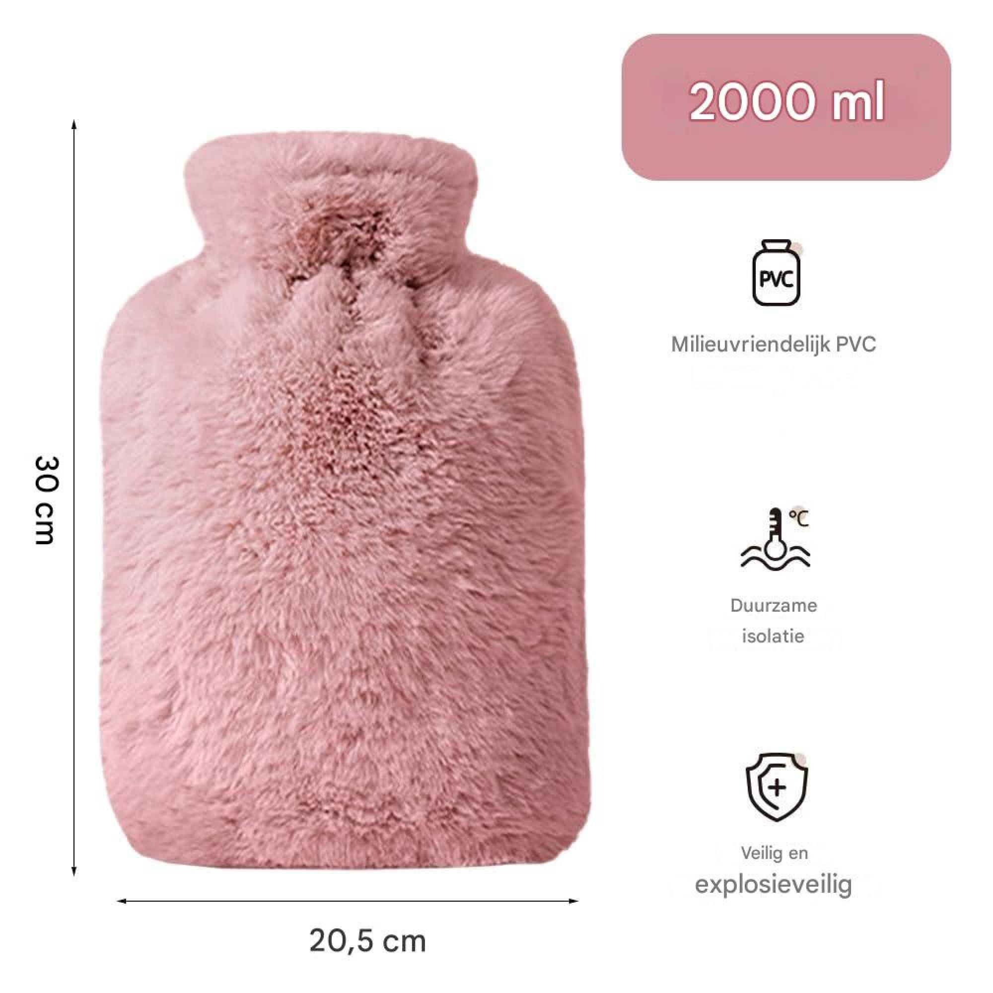 Rosa Wärmflasche mit Fellbezug, Maße 30x20,5 cm, Füllmenge 2000 ml.