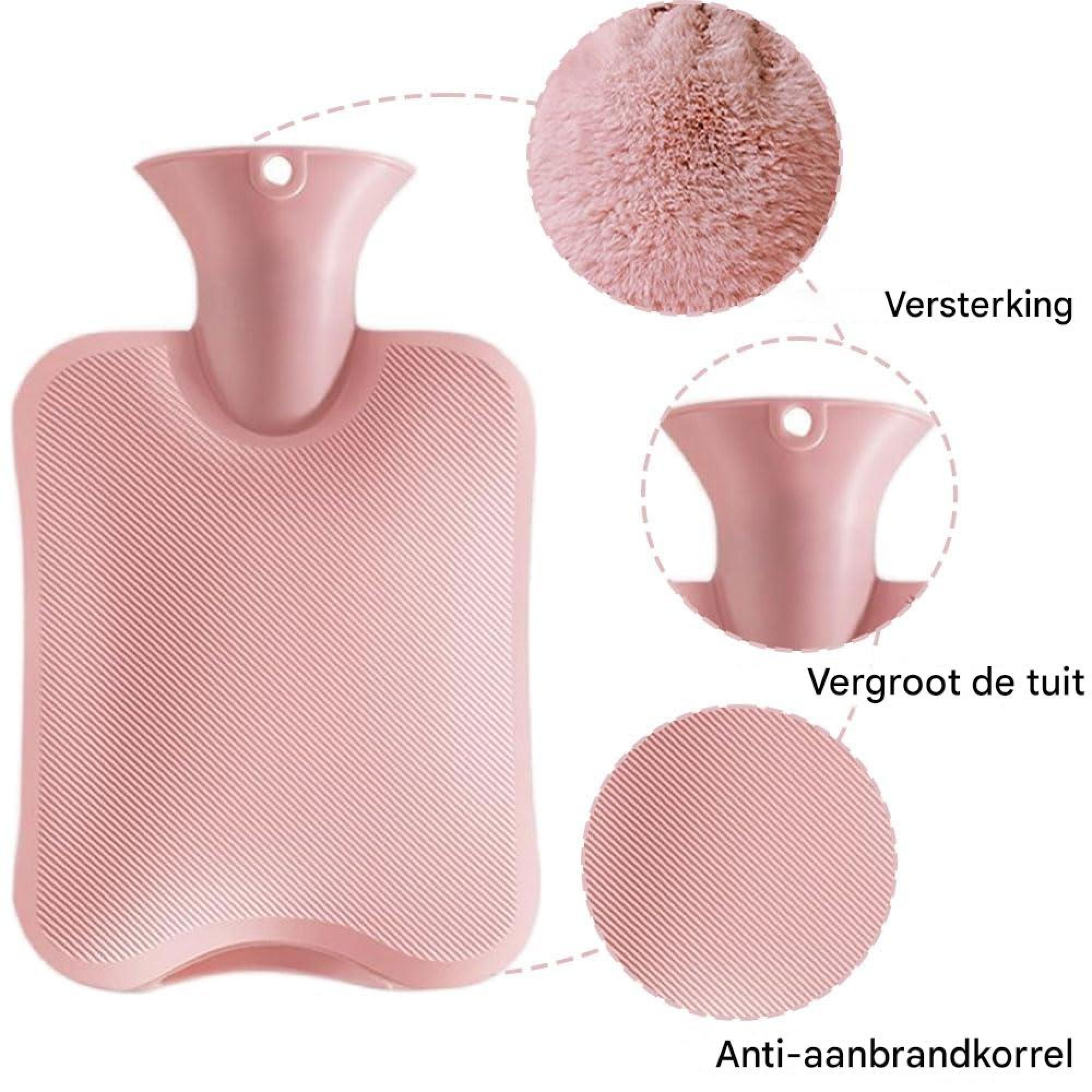 Rosa gerippte Wärmflasche mit Details zu flauschigem Bezug, vergrößertem Hals und Anti-Brüh-Textur.