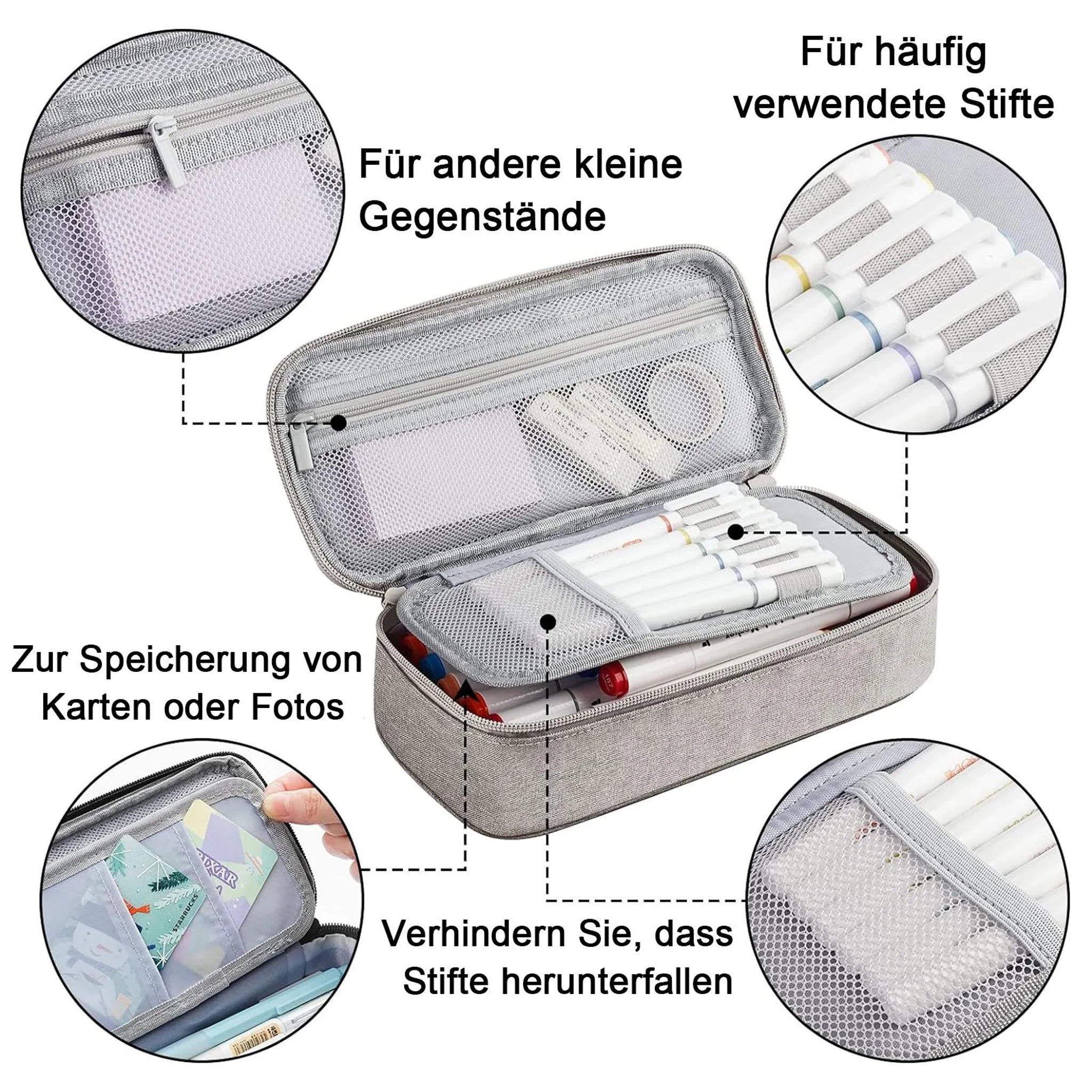 Ein offenes graues Federmäppchen mit Fächern, Netztaschen und Stiften, mit deutschen Beschriftungen.