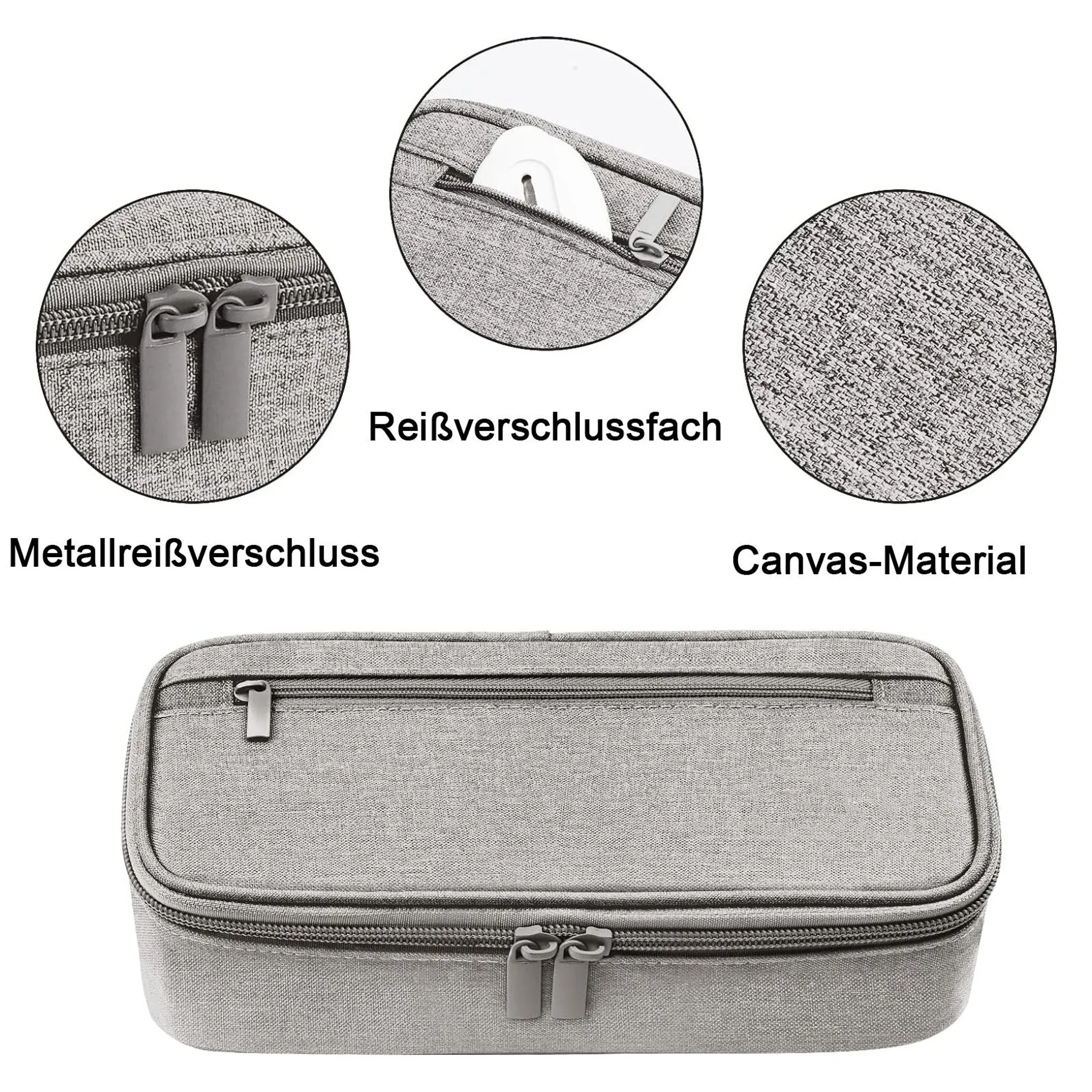 Graue Federmappe aus Canvas mit Metallreißverschlüssen und einem Reißverschlussfach.