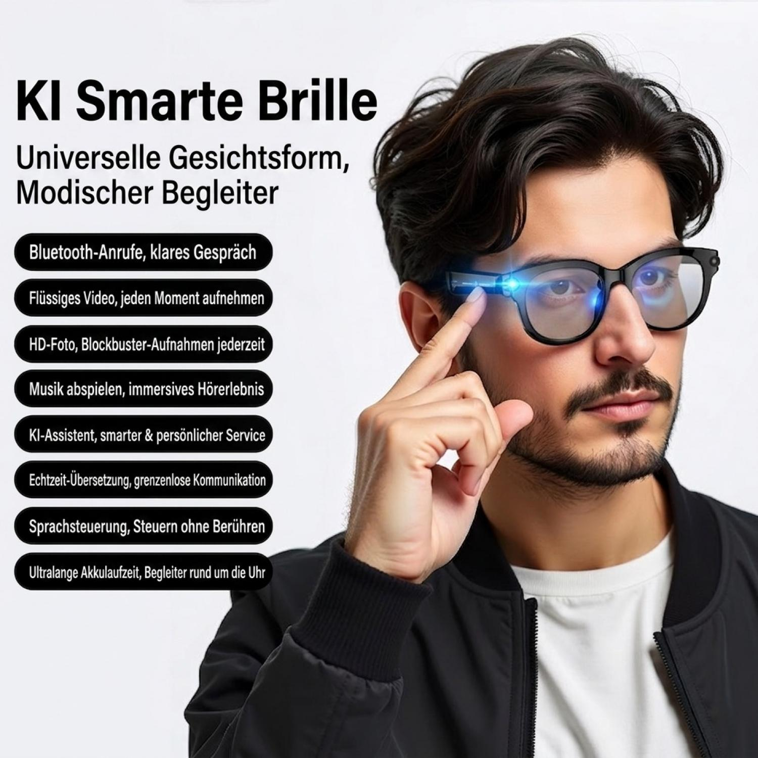 Ein Mann trägt schwarze KI-Smart-Brillen mit Sprachsteuerung und integrierter Kamera, umgeben von Werbetext.