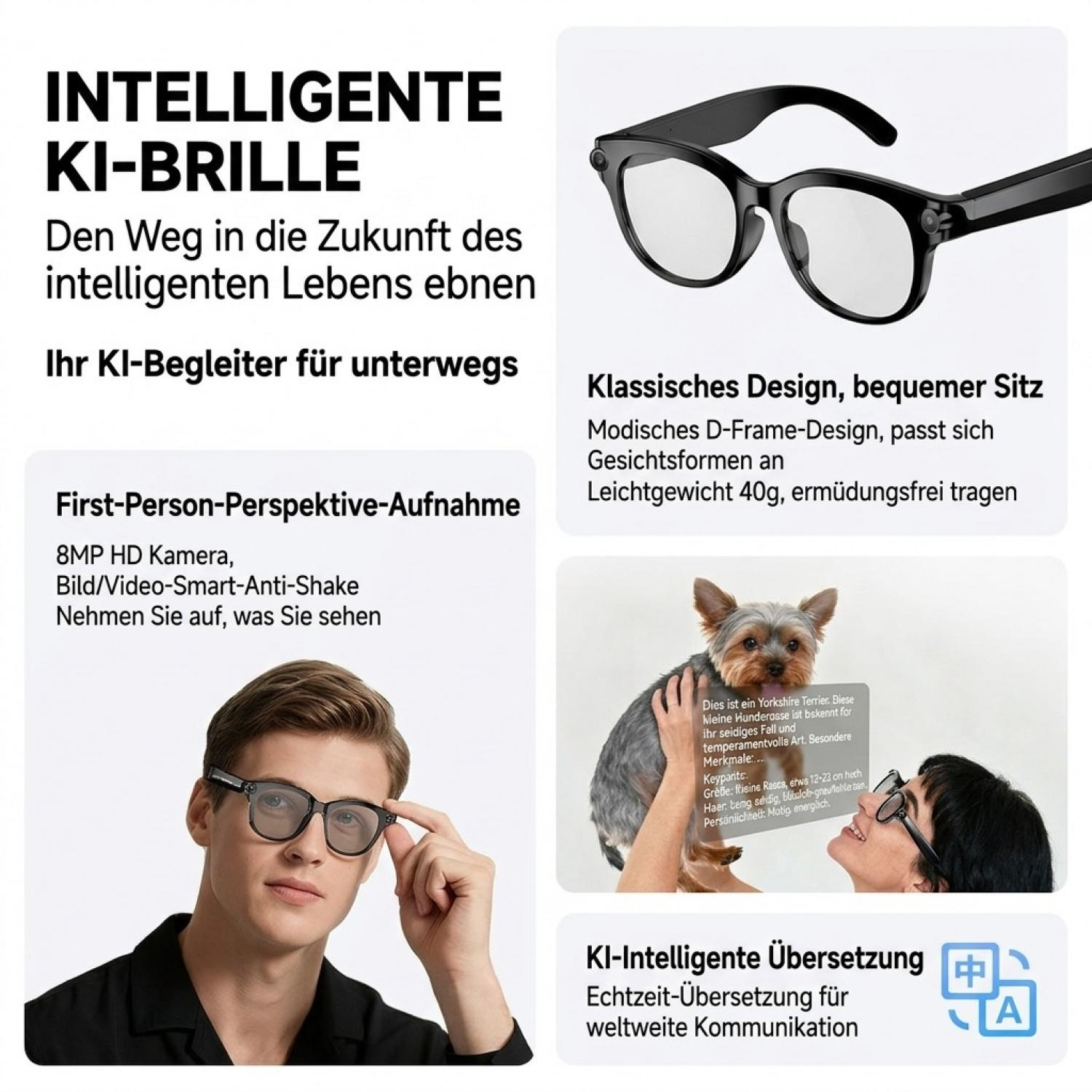 Werbebild für intelligente KI-Brillen mit Kamera, Übersetzung und modischem Design.