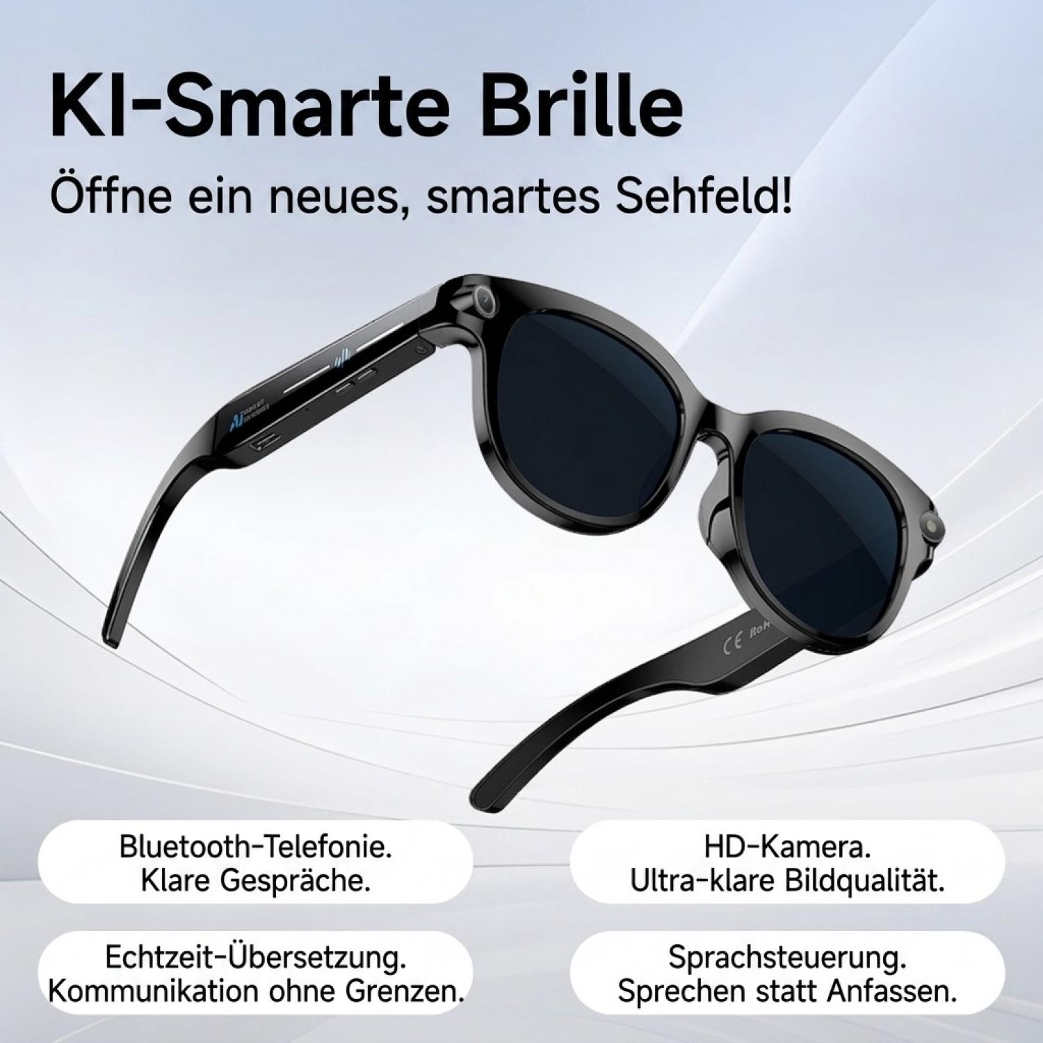 Eine elegante schwarze KI-Brille mit dunklen Gläsern vor hellem Hintergrund mit deutschem Text.