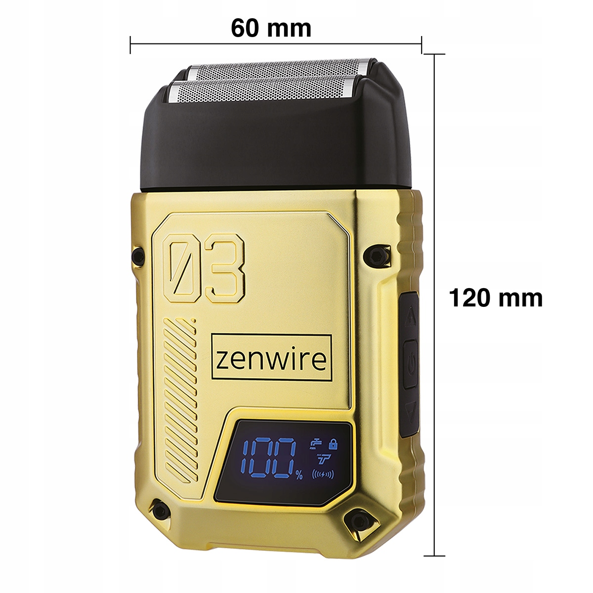 Złota golarka elektryczna z wyświetlaczem LED, logo Zenwire i wymiarami 60x120 mm.