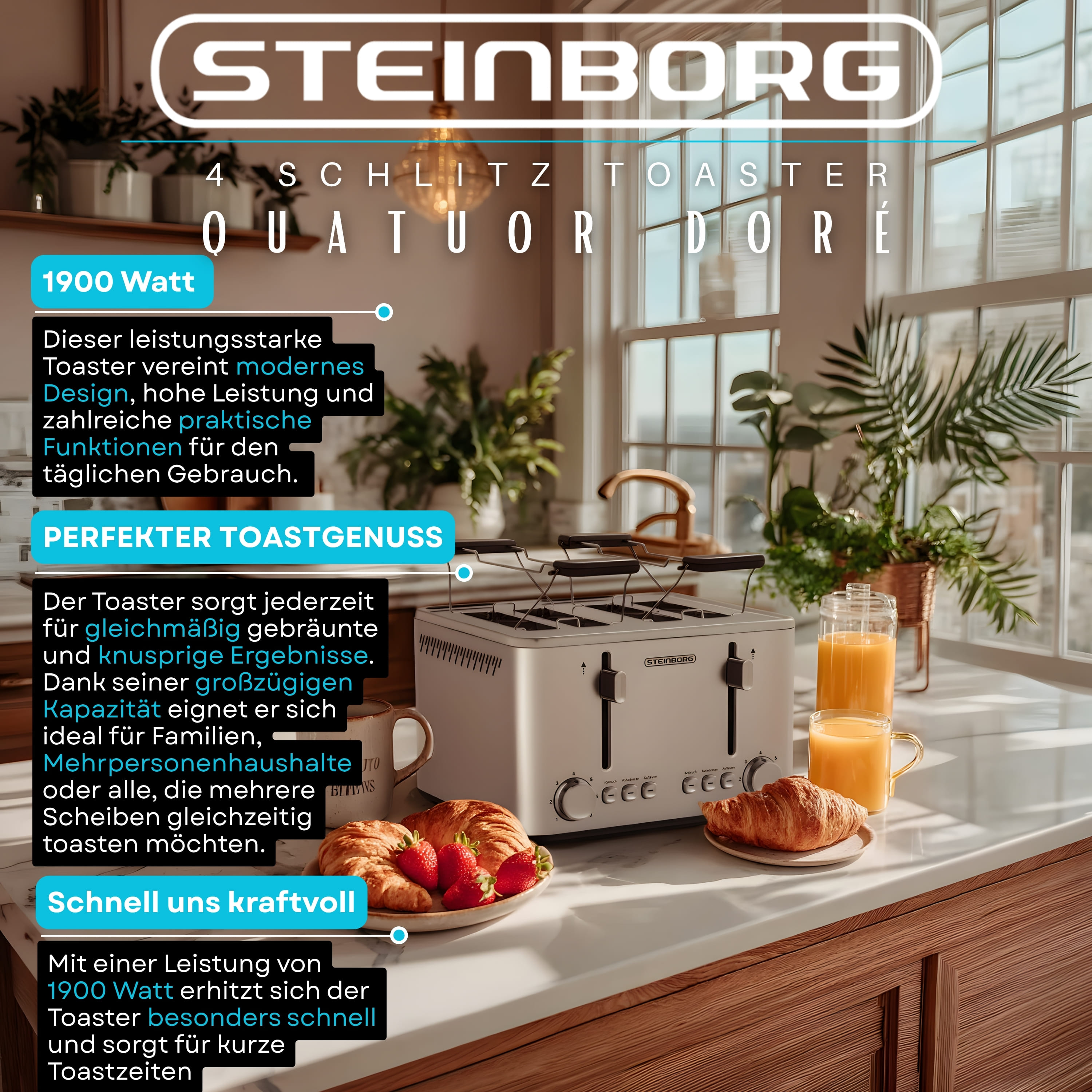 Ein Steinborg-Toaster in einer Küche mit Croissants, Erdbeeren und Orangensaft auf der Arbeitsplatte.