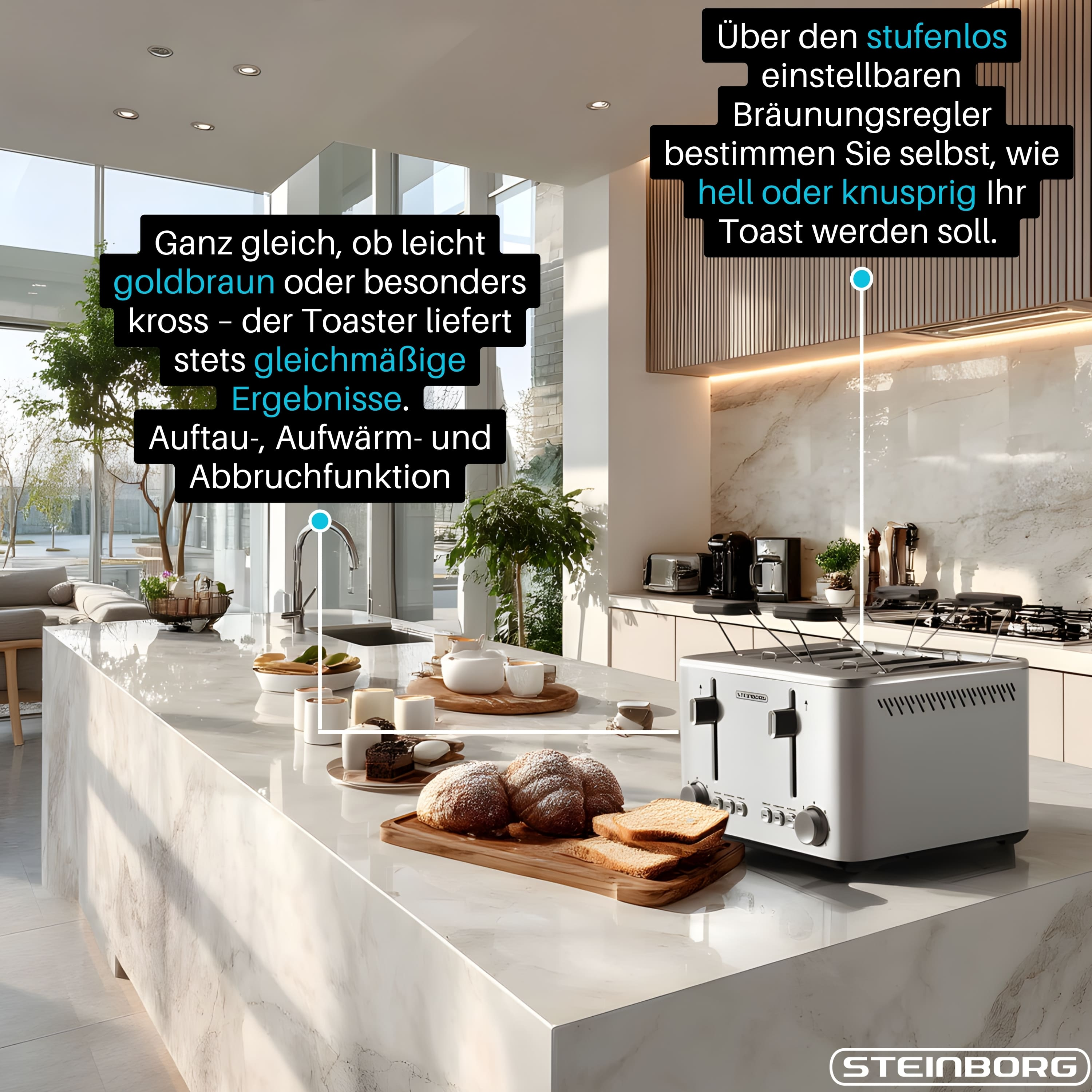 Ein Toaster auf einer Marmorkücheninsel mit Brot und Textoverlays, die seine Funktionen erklären.