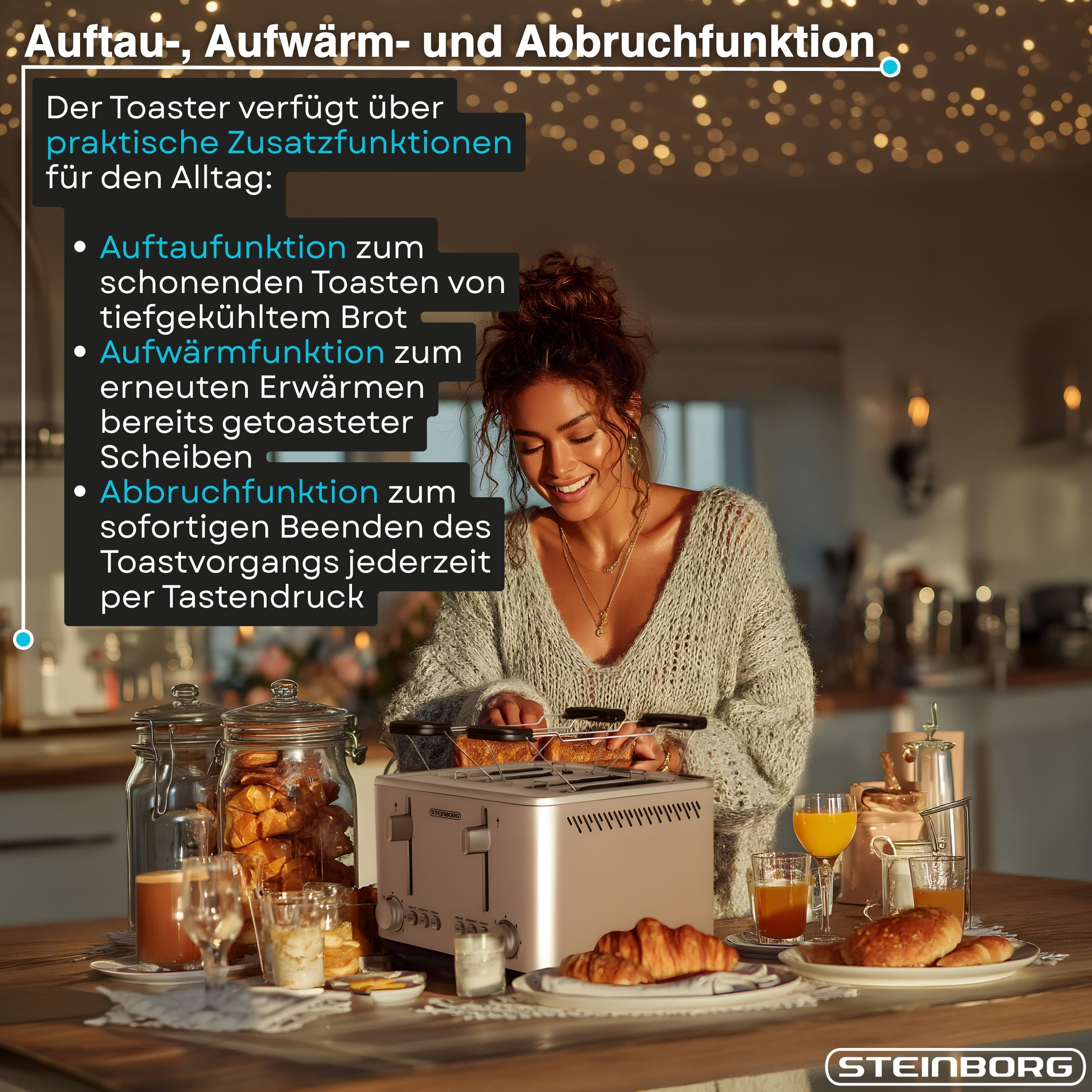 Eine lächelnde Frau bereitet Toast mit einem Toaster auf einem Frühstückstisch vor, mit deutschem Textüberzug.