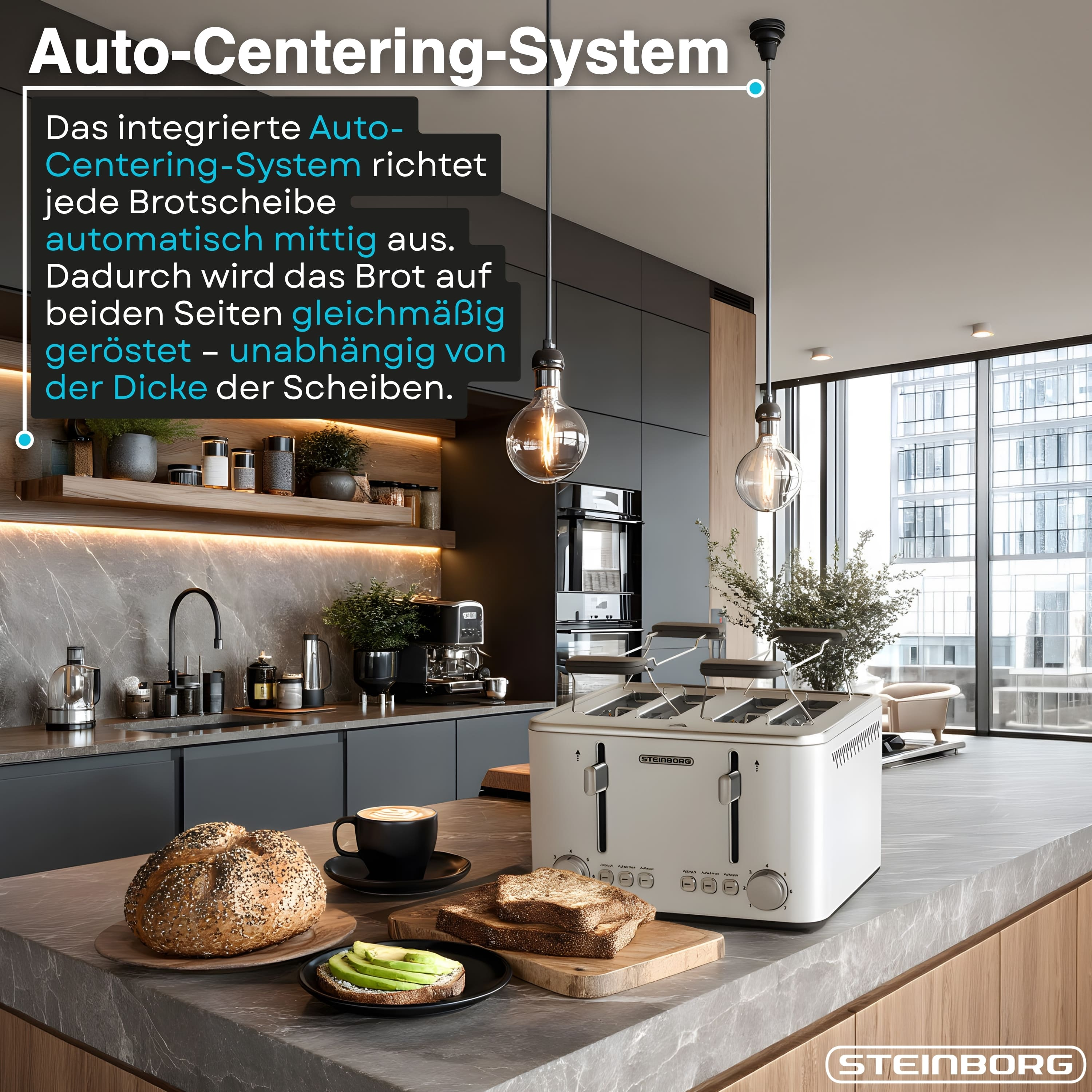 Ein weißer Vier-Scheiben-Toaster steht auf einer Kücheninsel neben Brot, Avocadobrot und einer Kaffeetasse.