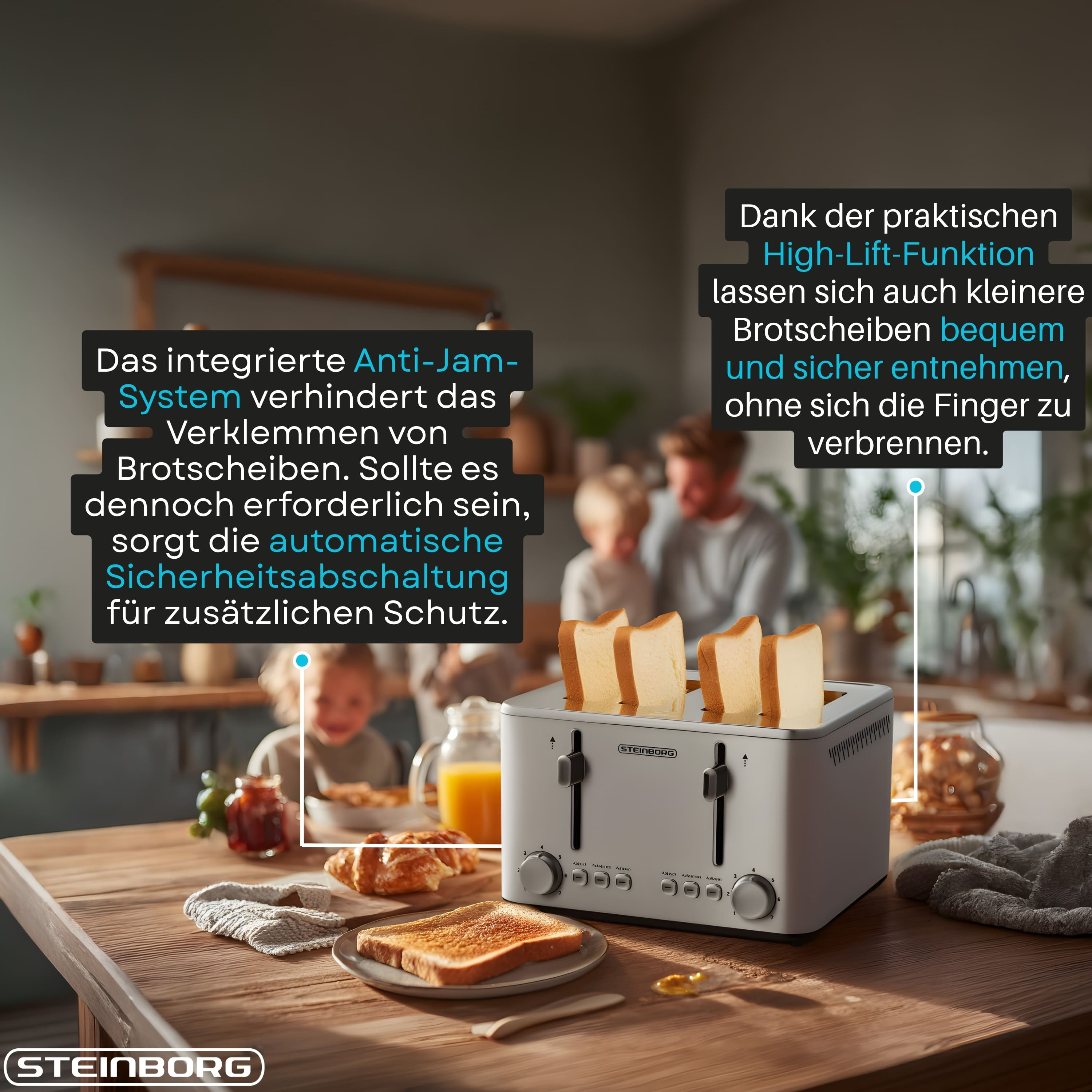 Ein weißer Toaster mit Toastscheiben steht auf einem Holztisch in einer Küche mit Textfeldern.
