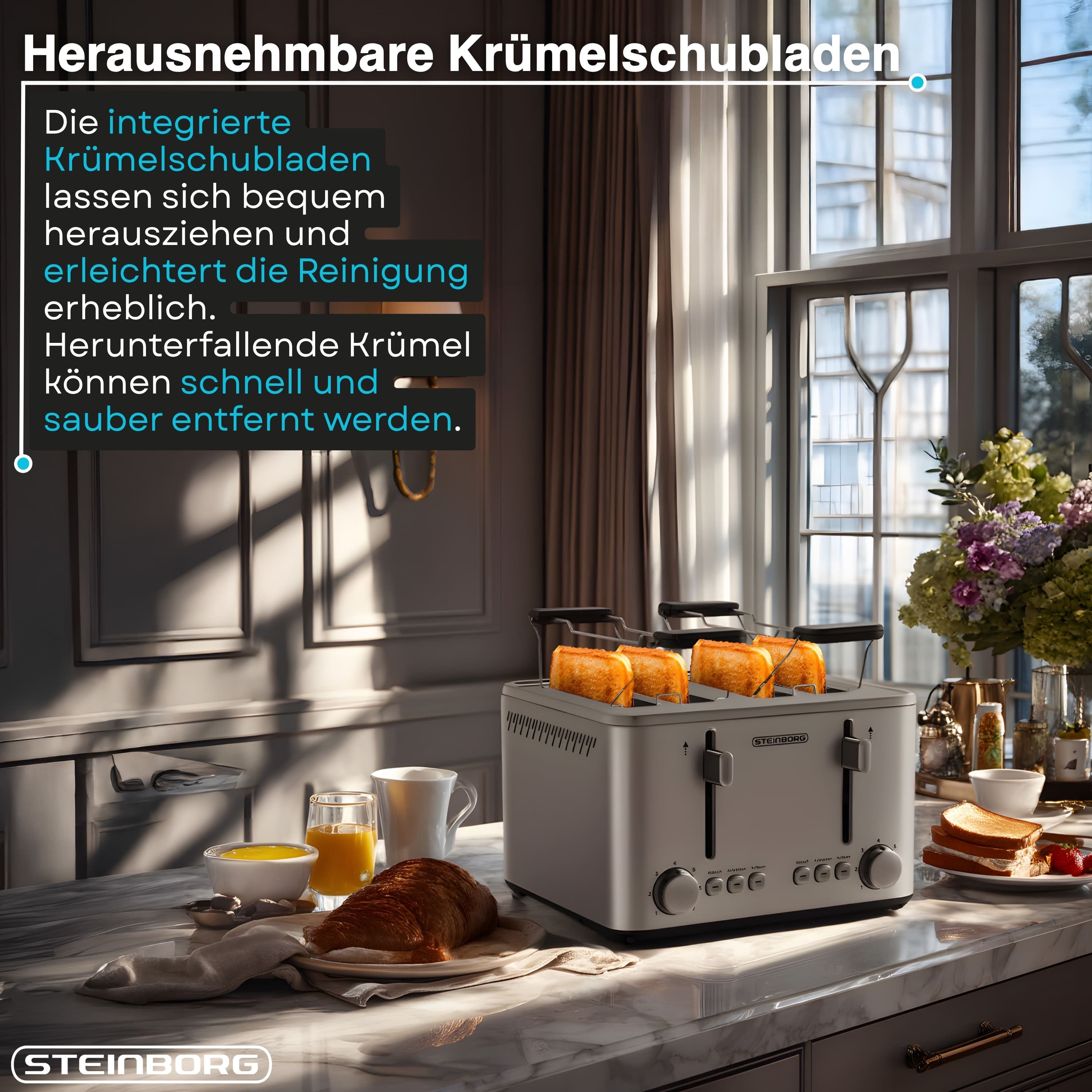 Ein silberner Toaster auf einer Marmorarbeitsplatte, gefüllt mit goldbraunem Toast, umgeben von Frühstückszutaten.