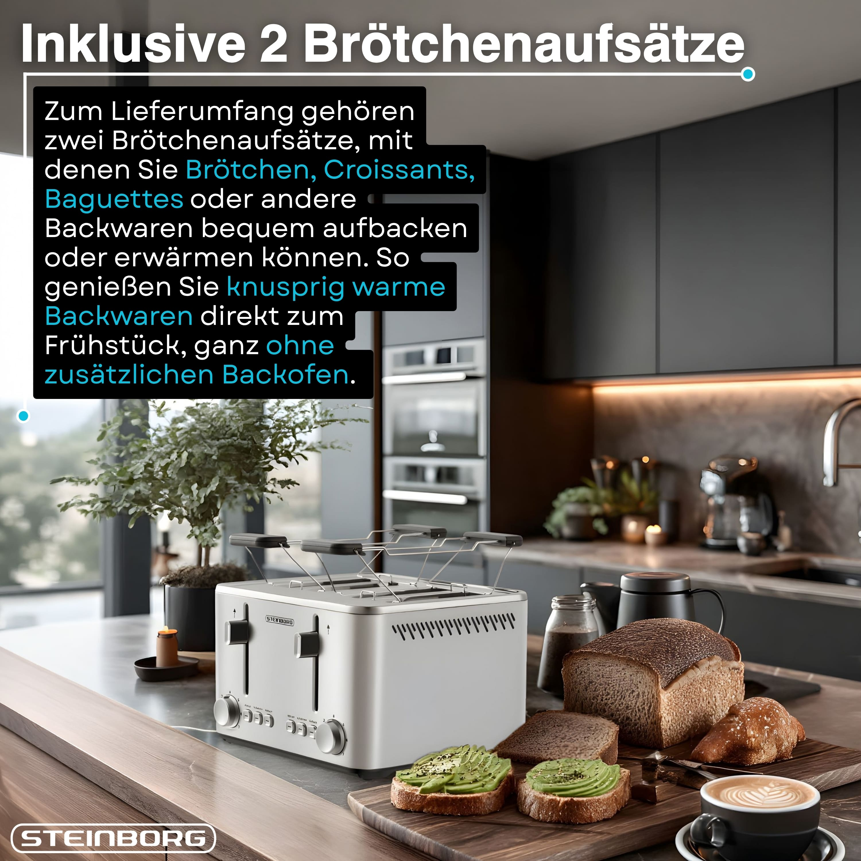 Edelstahl-Toaster mit Brötchenaufsatz auf einer Küchentheke mit Brot und Kaffee.