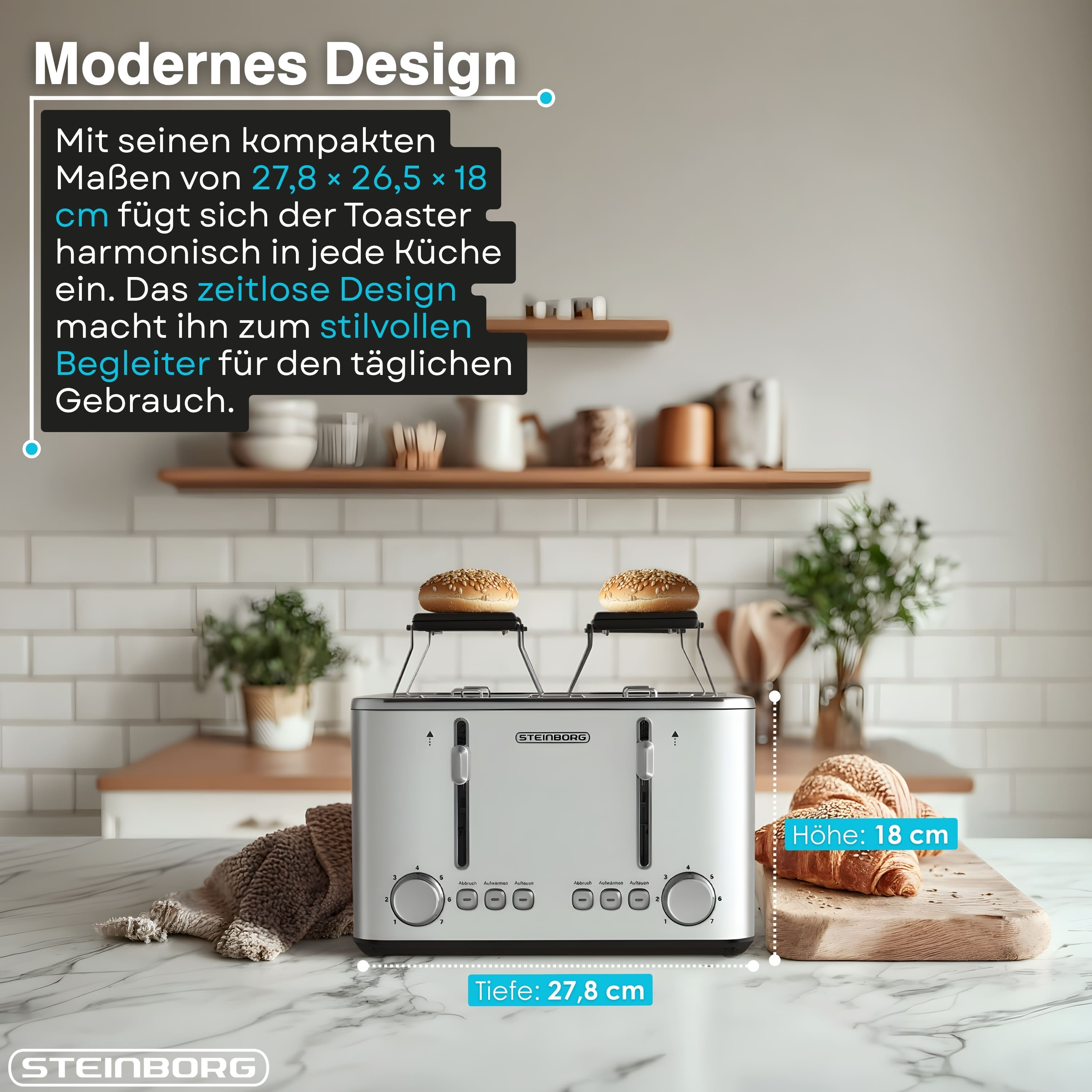 Edelstahltoaster mit Brötchenaufsatz und Text overlays in einer Küche.