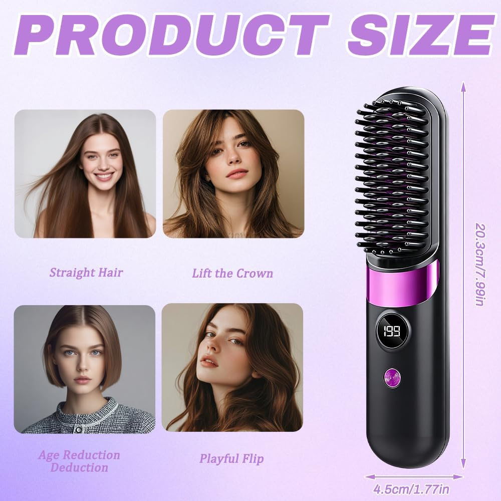 Produktgröße und Haarstyling-Optionen einer elektrischen Haarglättungsbürste.