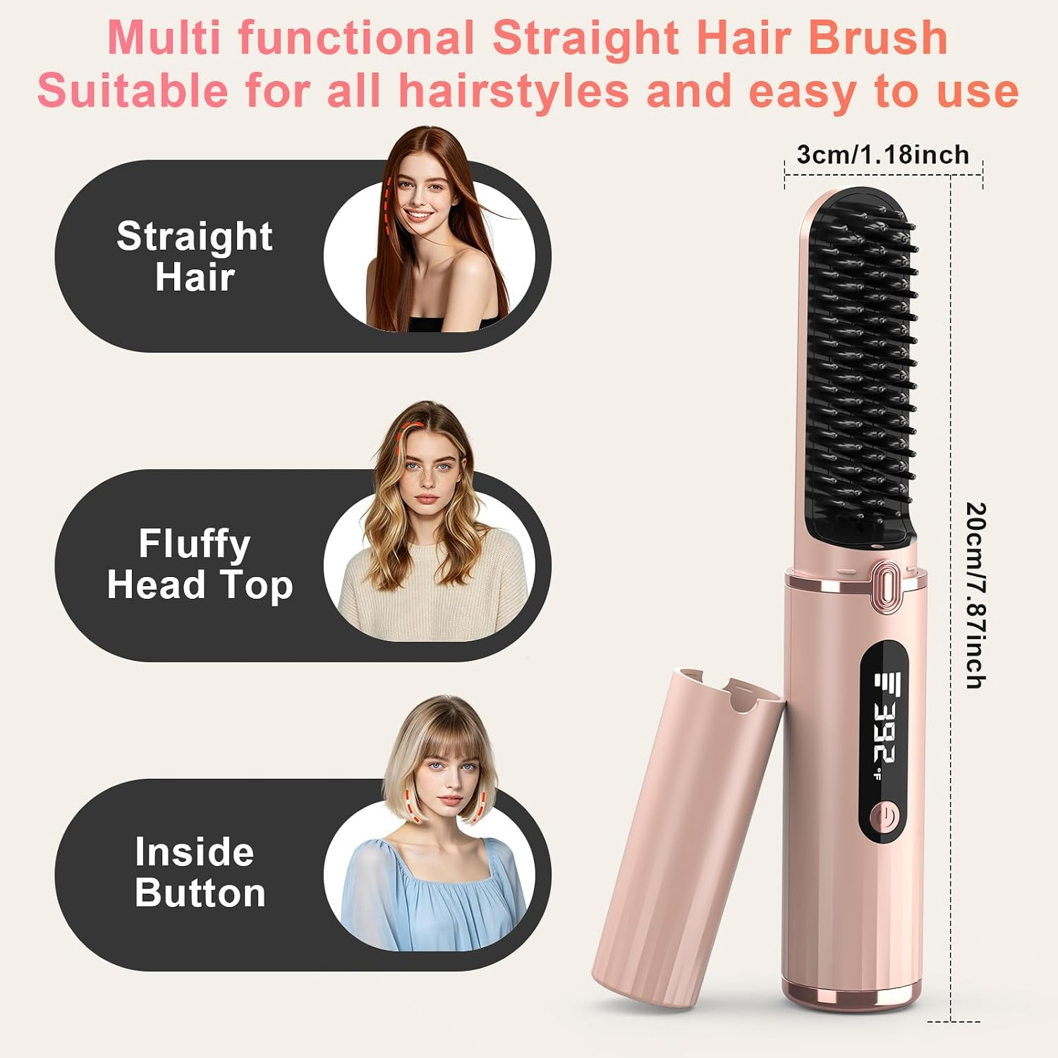 Rosa Haarglättungsbürste mit Display, Maßen und drei Frauenporträts mit verschiedenen Frisuren.