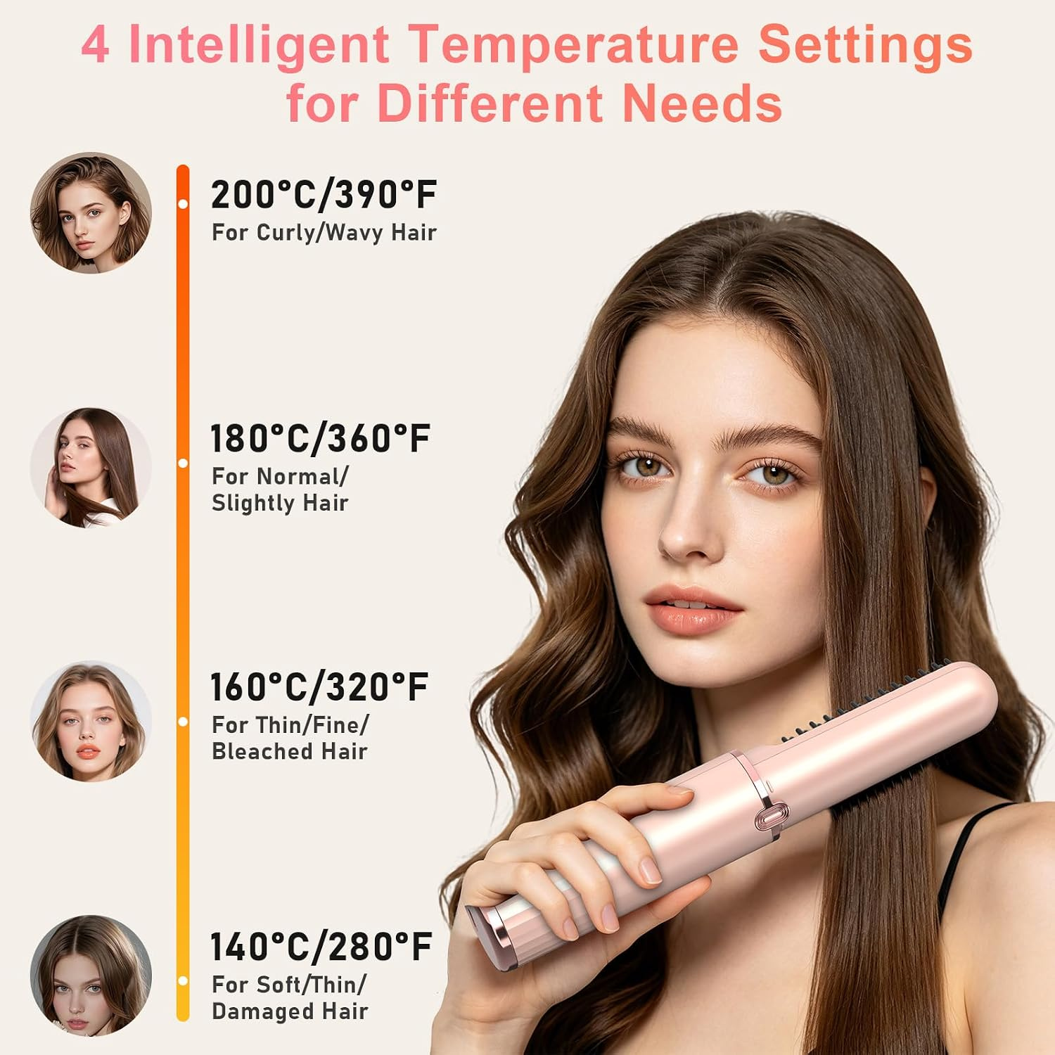 Eine Frau hält eine roségoldene Haarglättungsbürste mit vier Temperatureinstellungen für verschiedene Haartypen.