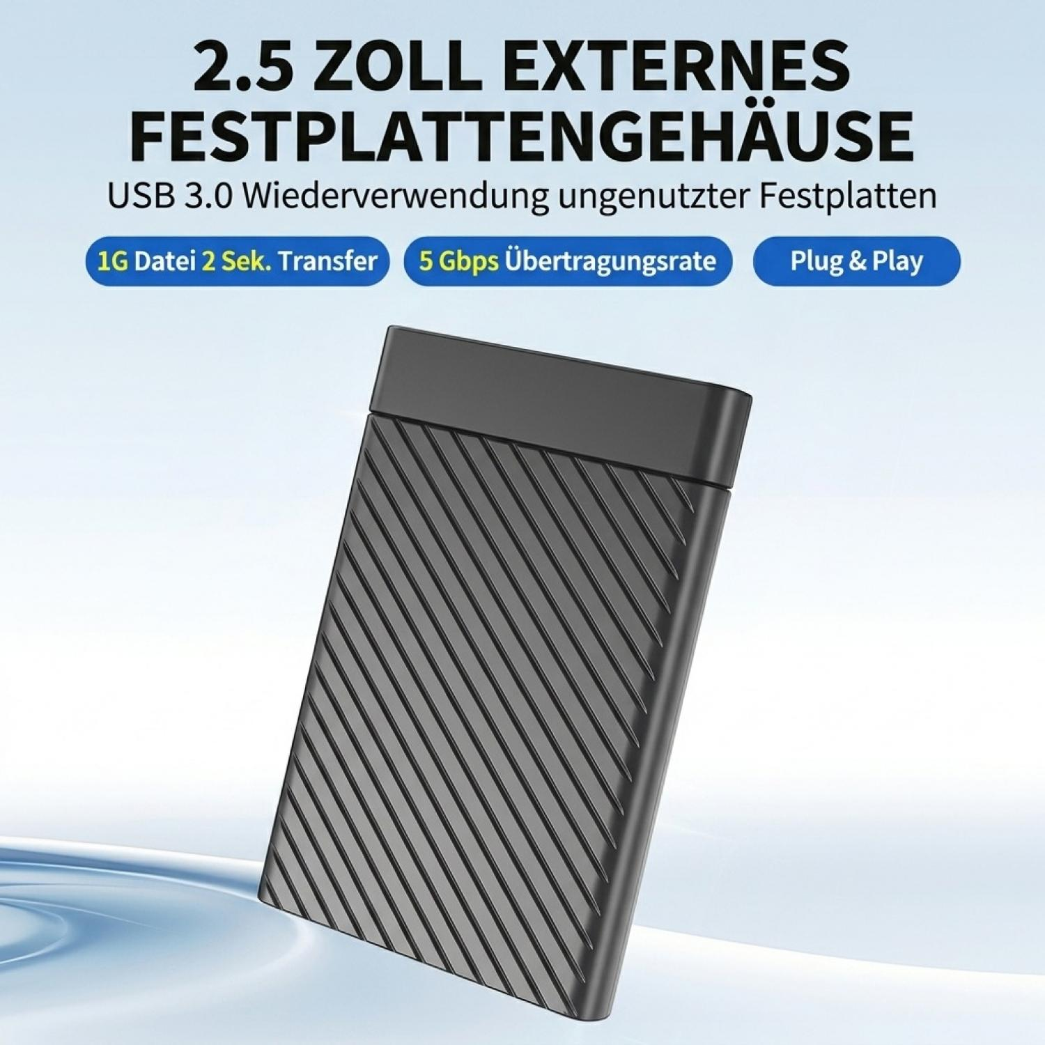 Ein schwarzes externes 2,5-Zoll-Festplattengehäuse mit geripptem Design und blauen Feature-Balken vor weißem Hintergrund.