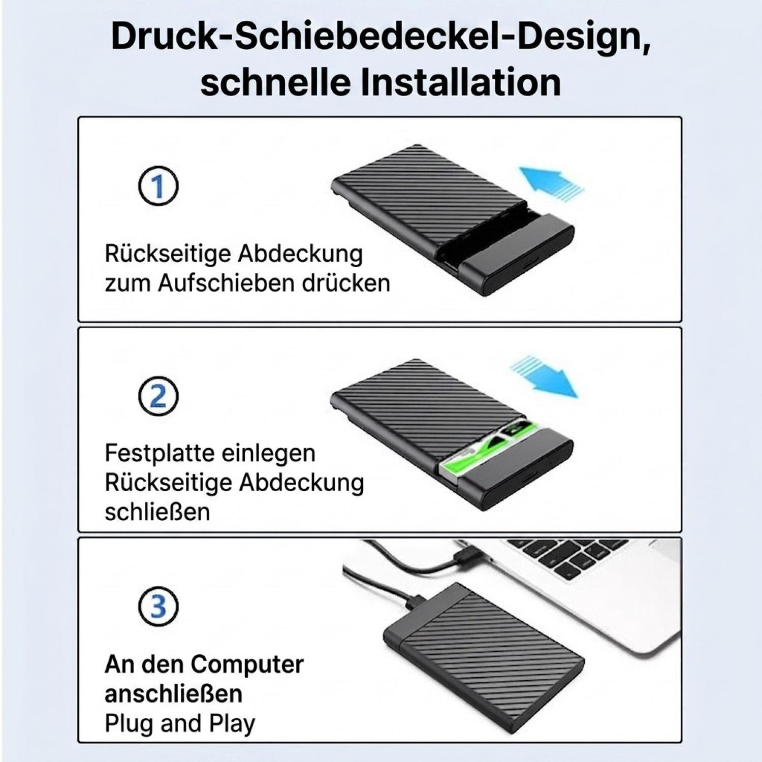 Anleitung zur Installation einer externen Festplatte mit Schiebeabdeckung in drei einfachen Schritten.