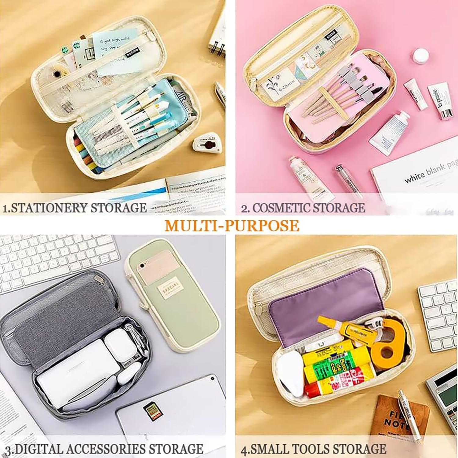 Vier Bilder zeigen eine multifunktionale Tasche für Schreibwaren, Kosmetik, Elektronik und kleine Werkzeuge.