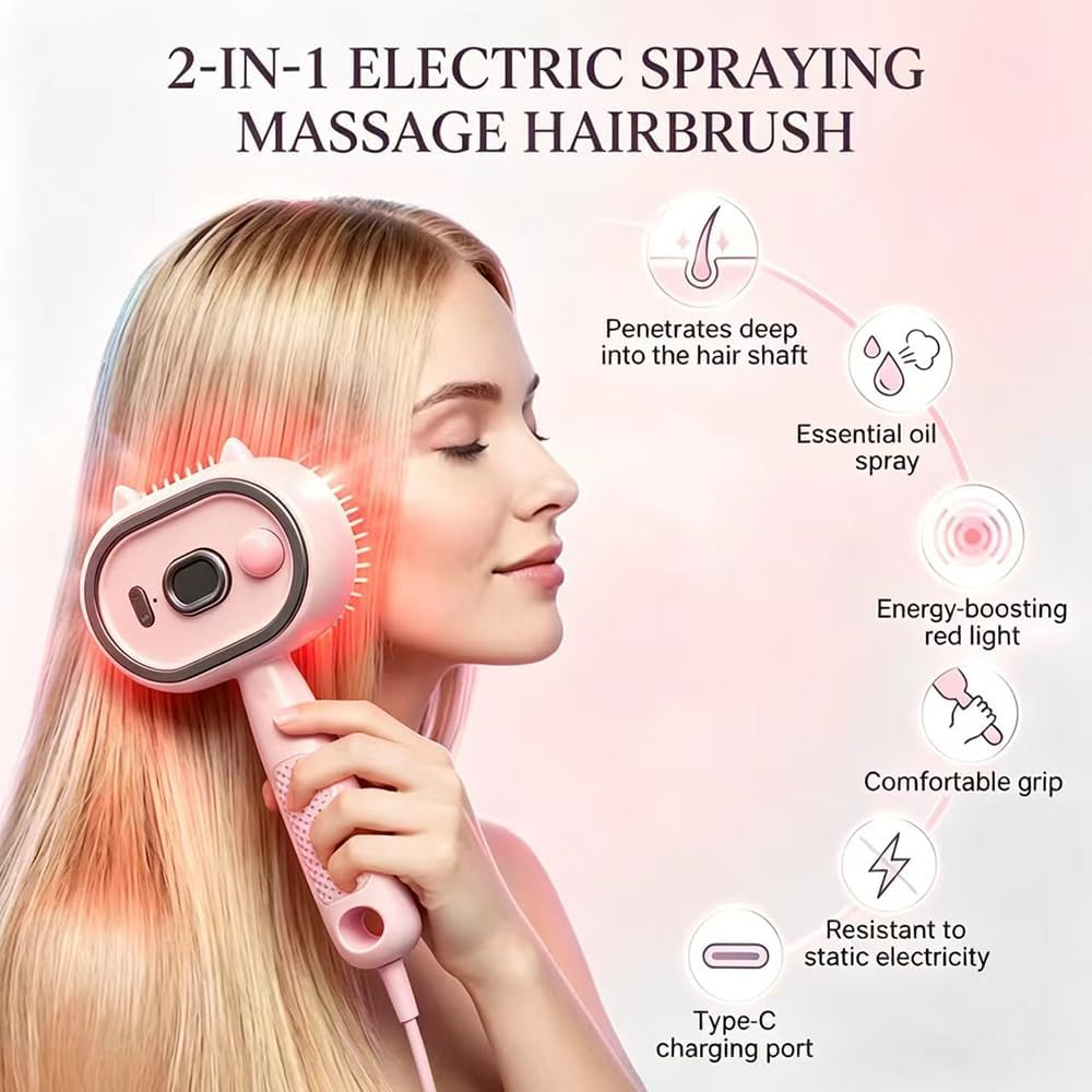 Eine Frau nutzt eine rosafarbene 2-in-1-Elektromassagebürste mit rotem Licht, Ölspray und ergonomischem Griff.