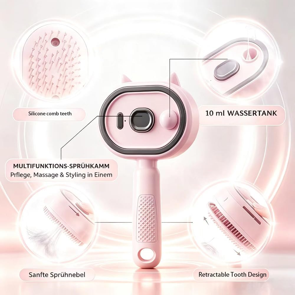 Rosa Haustier-Pflegebürste mit Wassertank, Siliziumzähnen und Sprühfunktion, mit Detailaufnahmen.