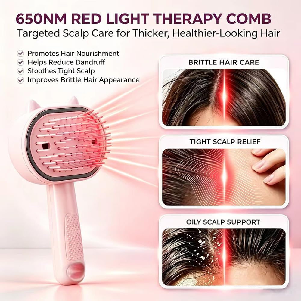 Rosa Rotlicht-Therapie-Haarbürste mit drei Funktionsbildern.