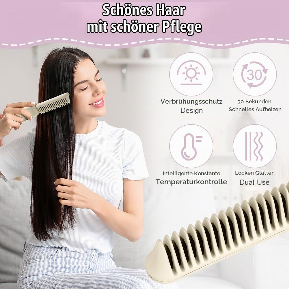 Eine Frau kämmt ihr glattes Haar mit einer elektrischen Haarbürste, mit Produktfeatures im Hintergrund.