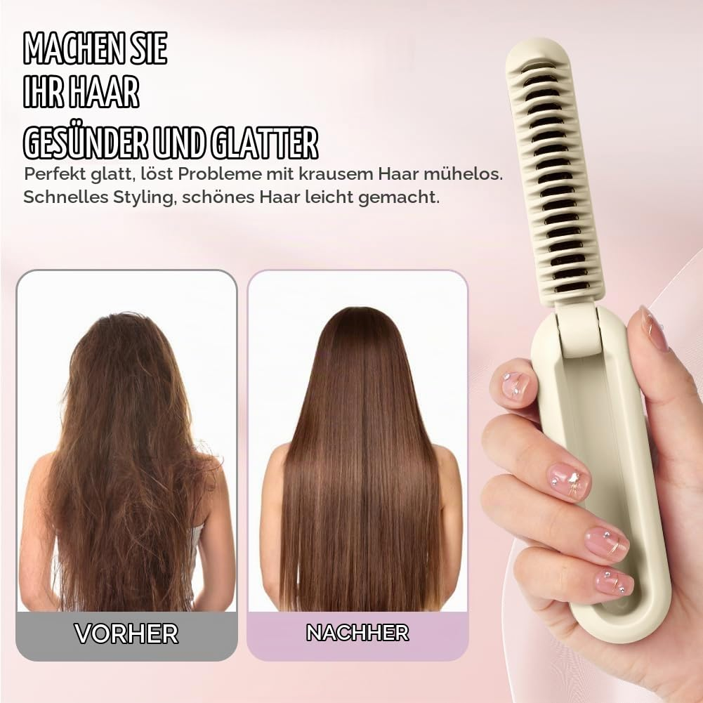 Haarglättungswerkzeug mit vorher-nachher-Vergleich von krausem und glattem Haar sowie deutscher Werbung.