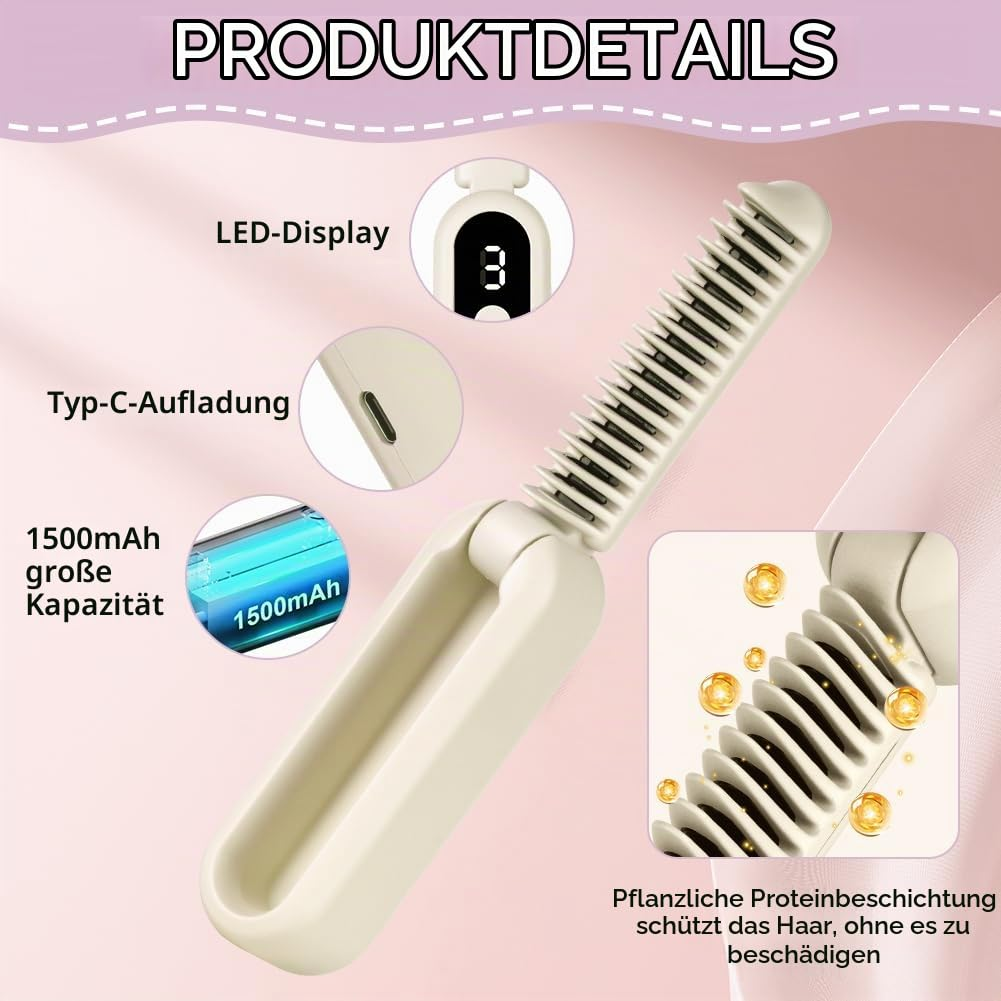 Produktdetails einer Haarbuerste mit LED-Display, USB-C, 1500mAh Akku und Proteinkoernung.