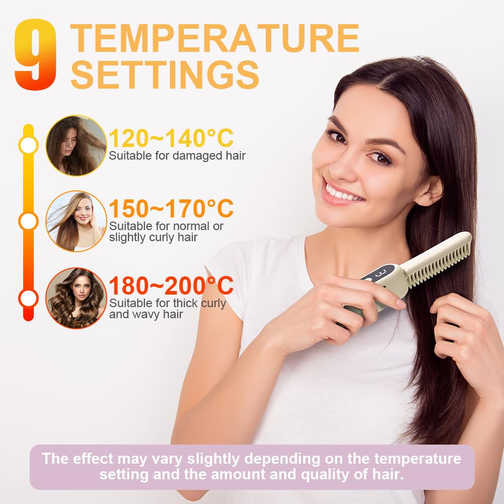 Eine lächelnde Frau bürstet ihr Haar mit einer elektrischen Haarglättungsbürste, begleitet von Temperaturstufen.