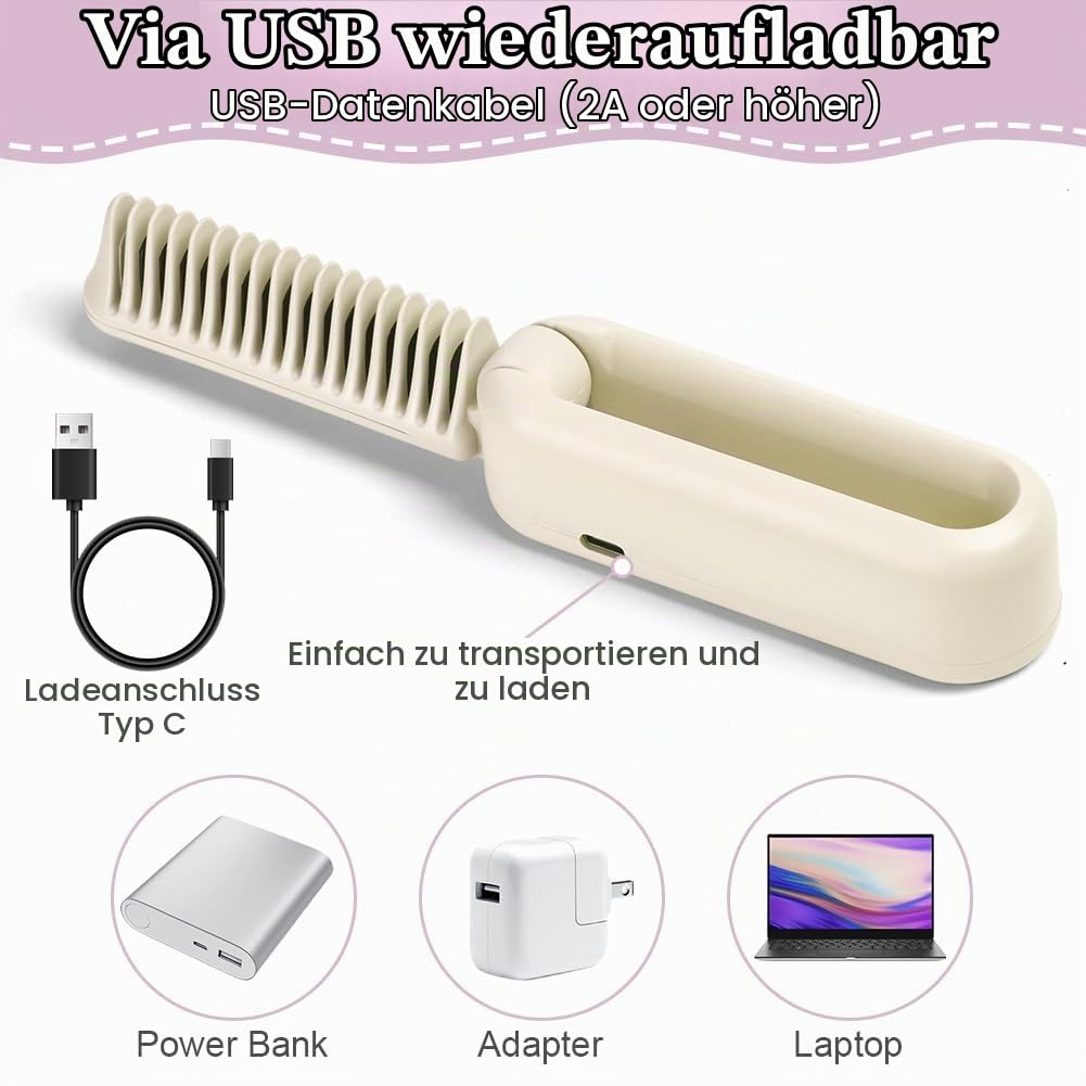 Tragbarer, USB-C aufladbarer Haarglättungskamm mit Ladekabel und kompatiblen Geräten.