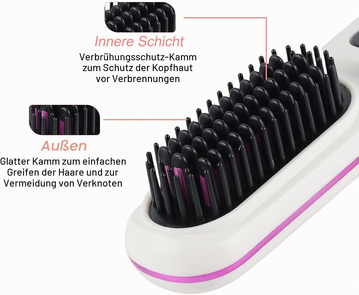 Nahaufnahme einer weiß-rosafarbenen Haarglättungsbürste mit erklärenden Grafiken zu den Borsten.