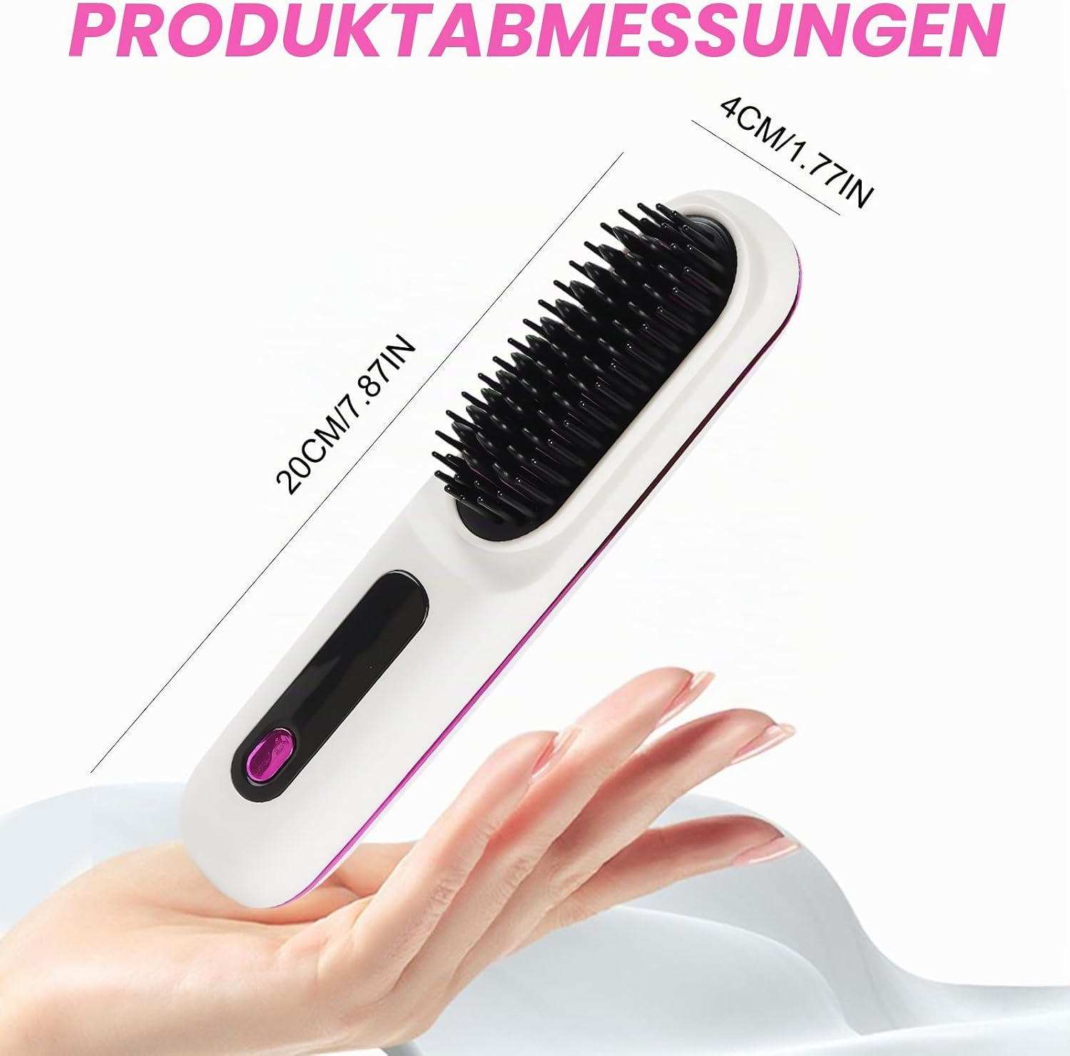 Eine Hand hält eine weiße Glättungsbürste mit Maßangaben und deutschem Text darüber.