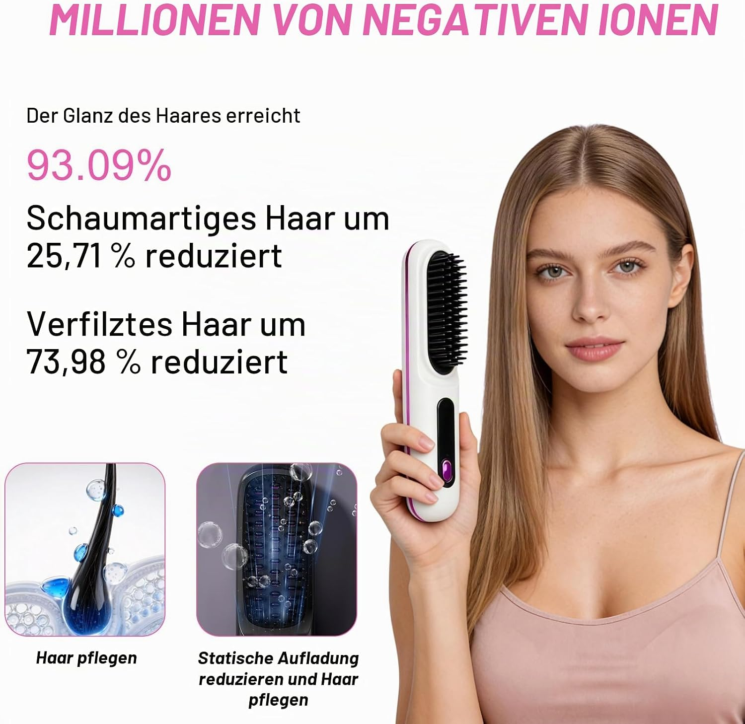 Eine Frau hält eine weiße Haarbürste mit Text und Infografiken im Hintergrund.