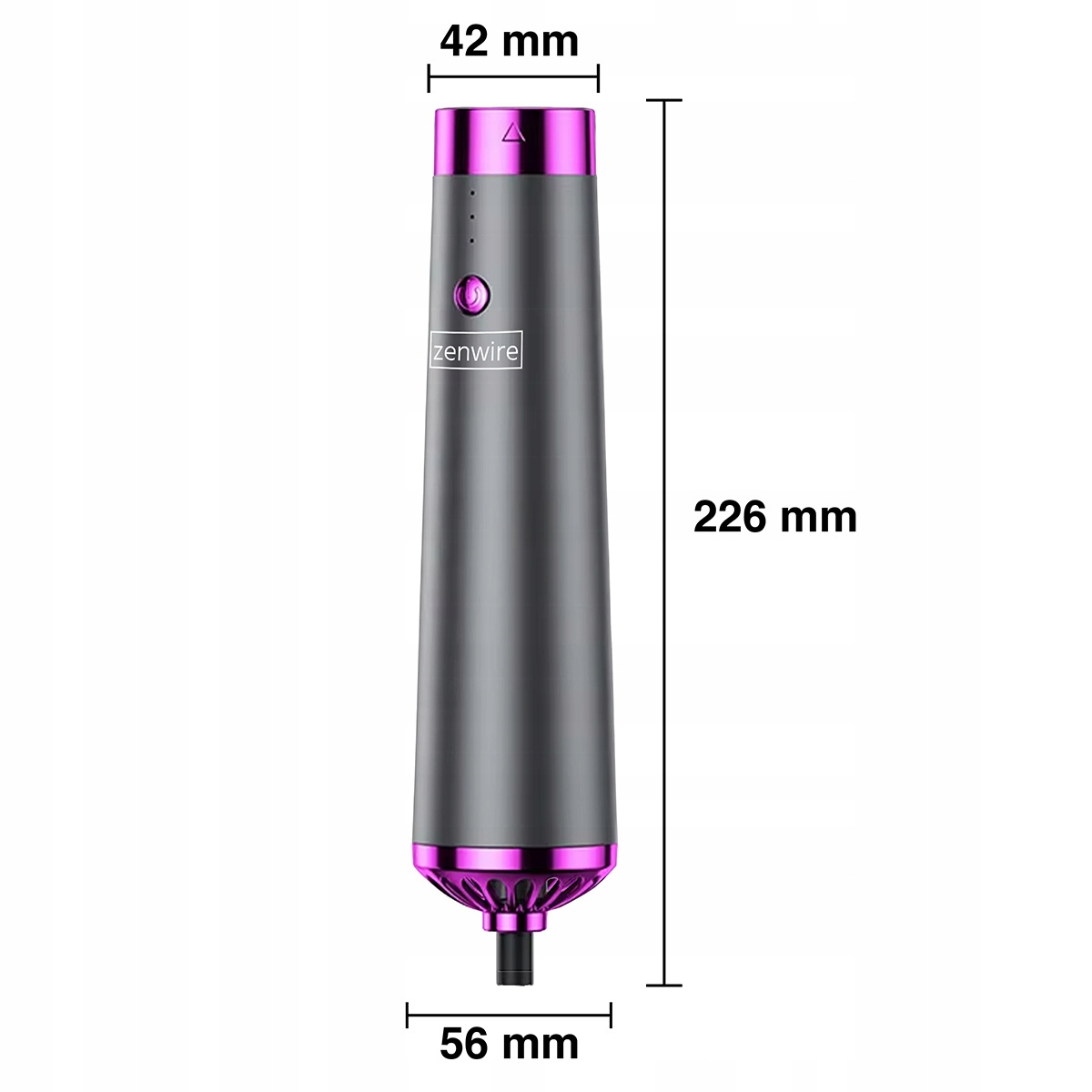 Szary, przenośny wentylator Zenwire z różowymi akcentami, o wymiarach 226x42x56 mm na białym tle.