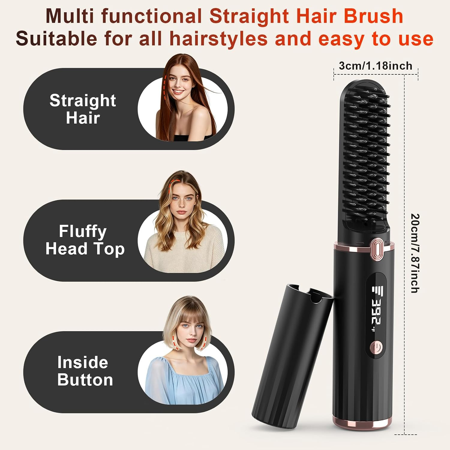 Werbebild einer multifunktionalen Glättungsbürste mit Maßen und drei Frauenporträts für verschiedene Frisuren.