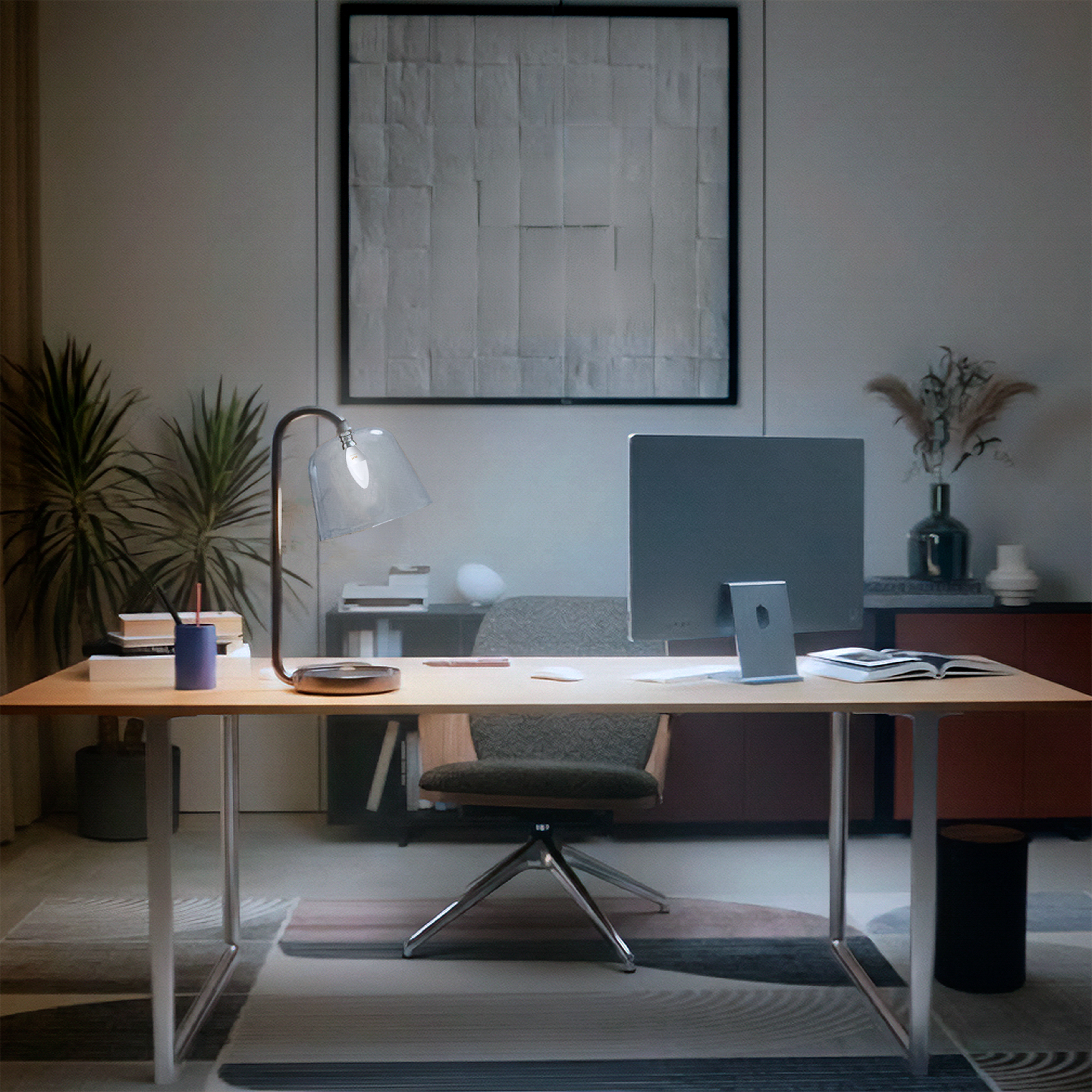 Ein modernes Arbeitszimmer mit Holztisch, Computer, Lampe, grauem Stuhl, Pflanzen und Kunst an der Wand.