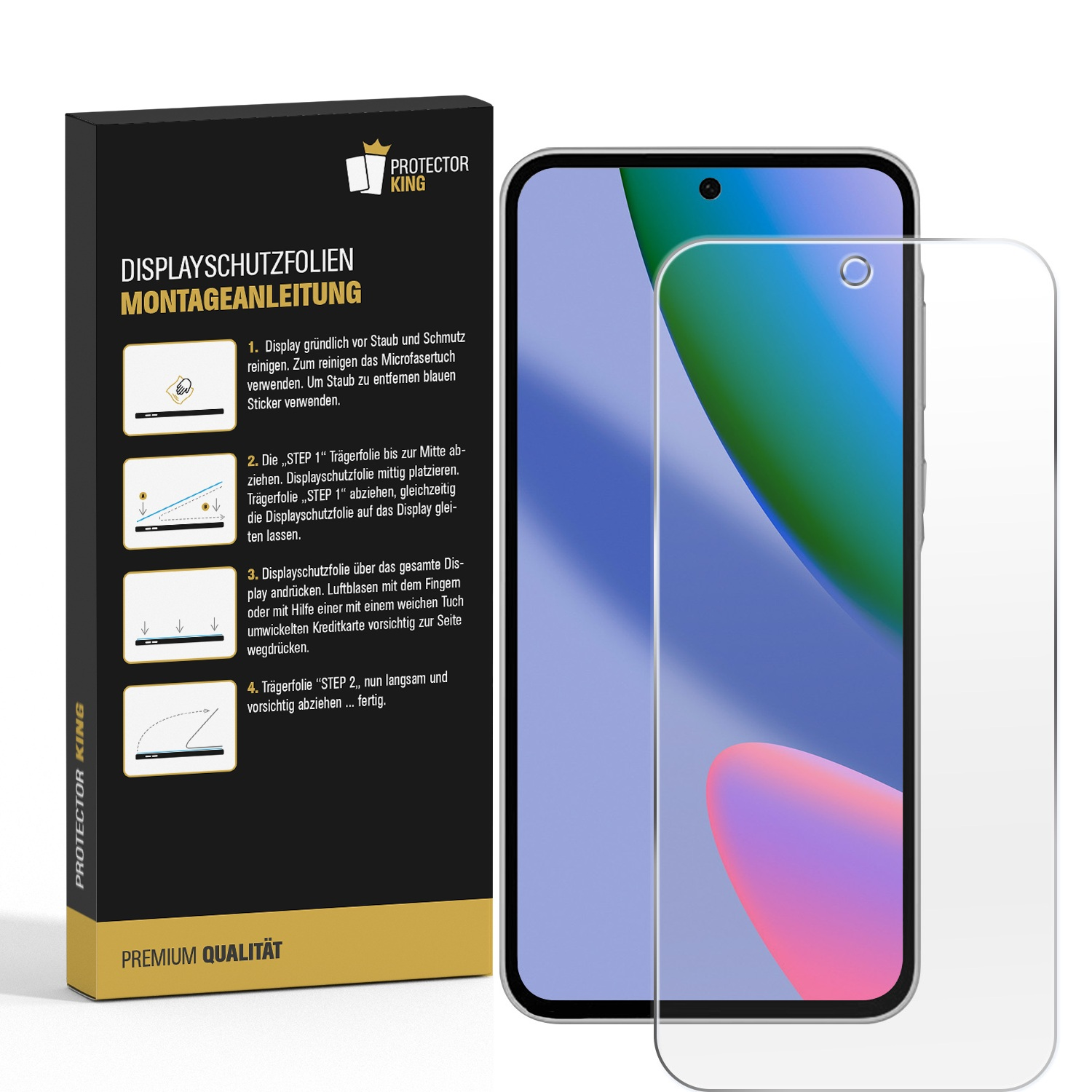 Ein Smartphone mit Displayschutzglas neben der Verpackung mit Montageanleitung.
