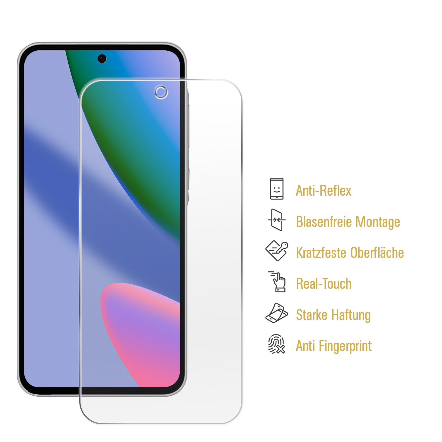 Smartphone mit Displayschutzfolie und Funktionssymbolen auf weißem Hintergrund.