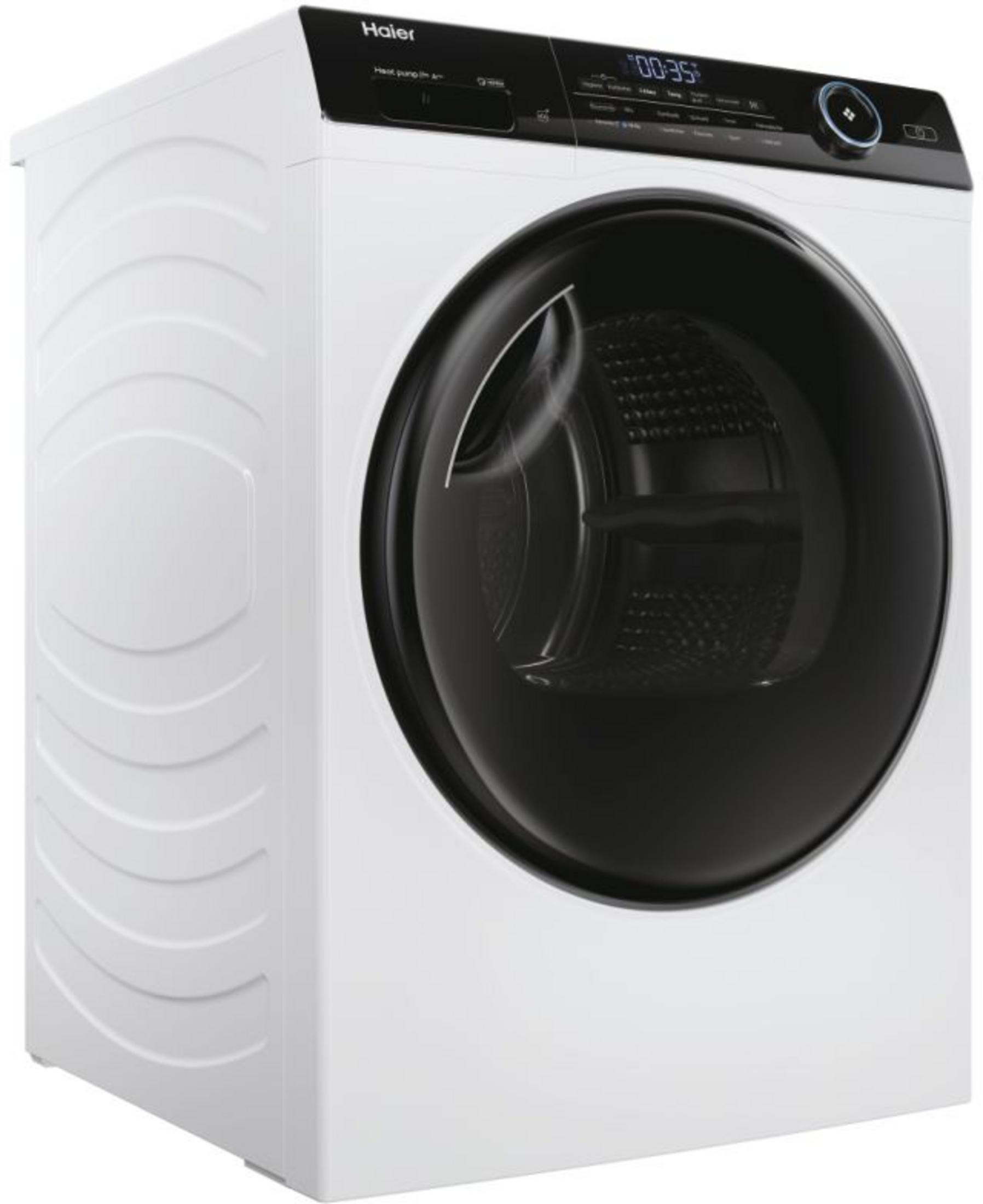 Eine weiße Haier Frontlader-Waschmaschine mit schwarzem Bedienfeld und dunkler Glastür vor weißem Hintergrund.