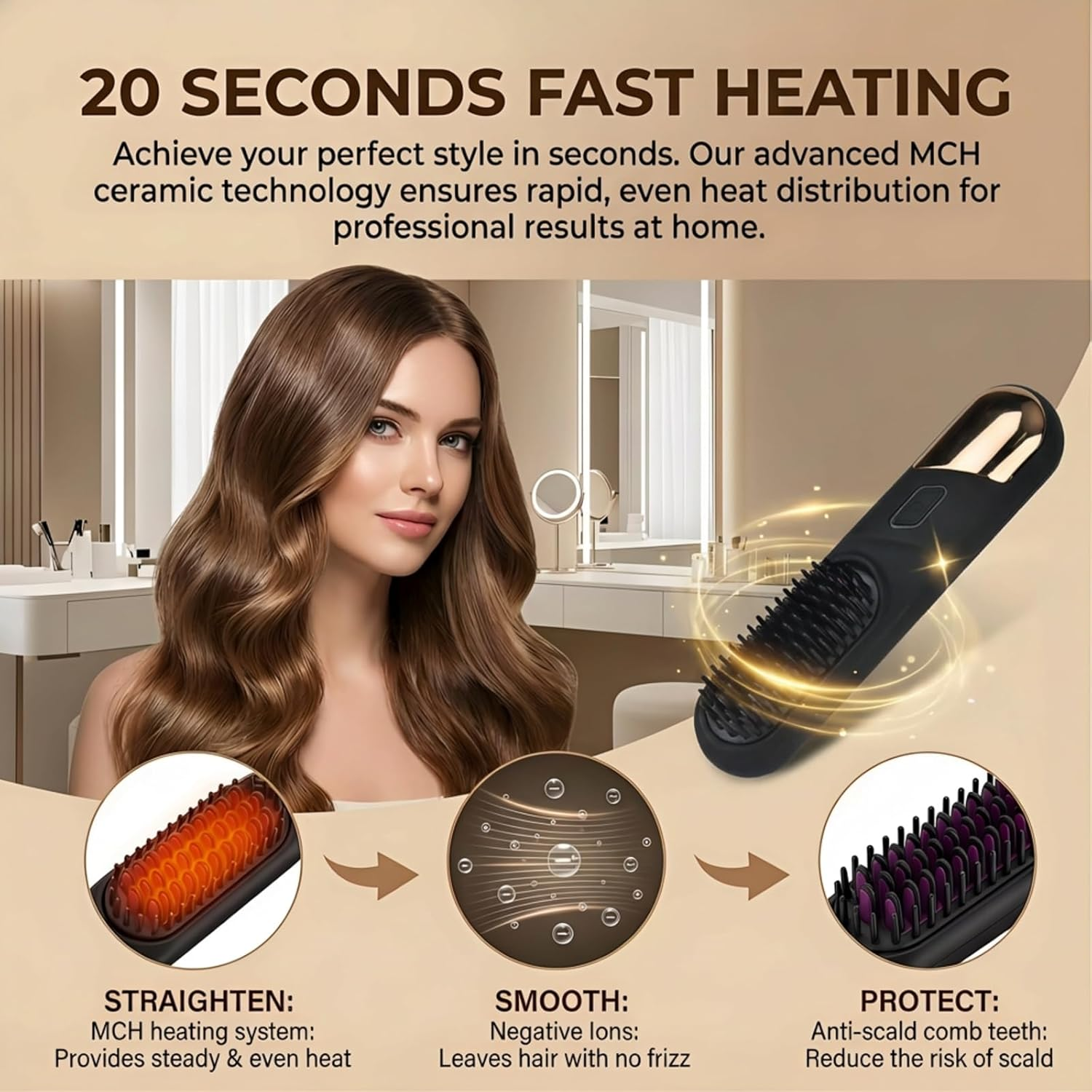 Produktanzeige für eine Haarbürste mit Glättungs- und Schutzfunktionen sowie langhaarigem Model.