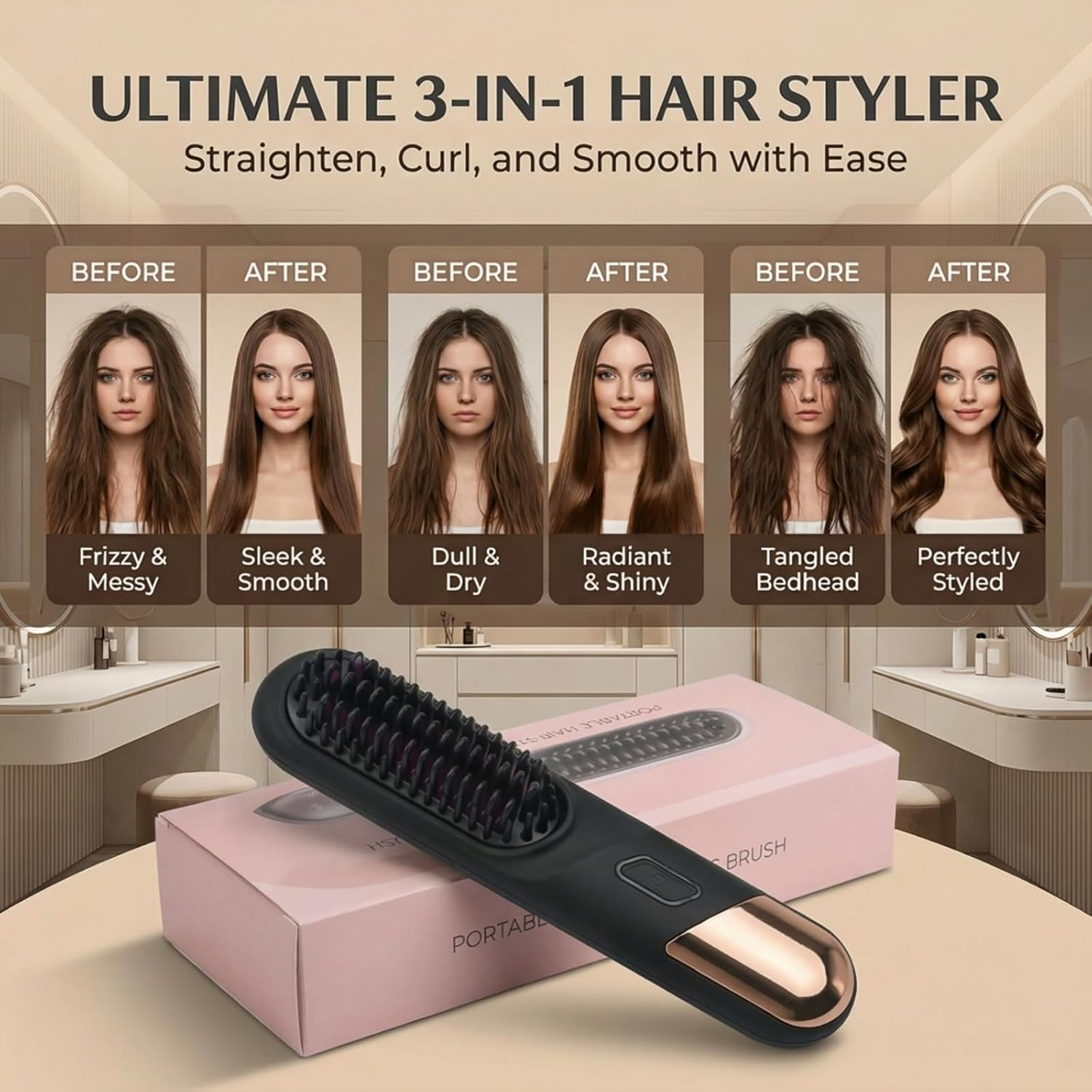 Haarstyler-Produktwerbung mit Vorher-Nachher-Vergleichen von Frauenhaaren und dem Stylinggerät auf einer rosa Box.