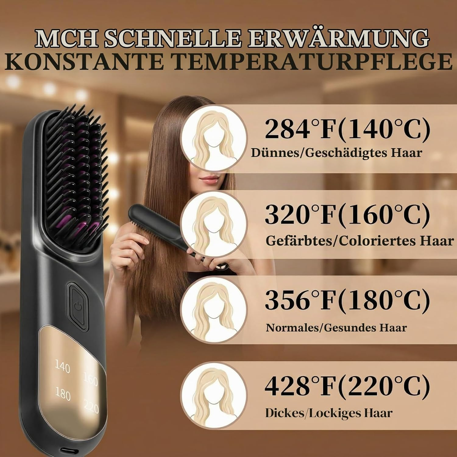 Eine schwarze Glättungsbürste zeigt Temperatureinstellungen für verschiedene Haartypen vor verschwommenem Hintergrund.