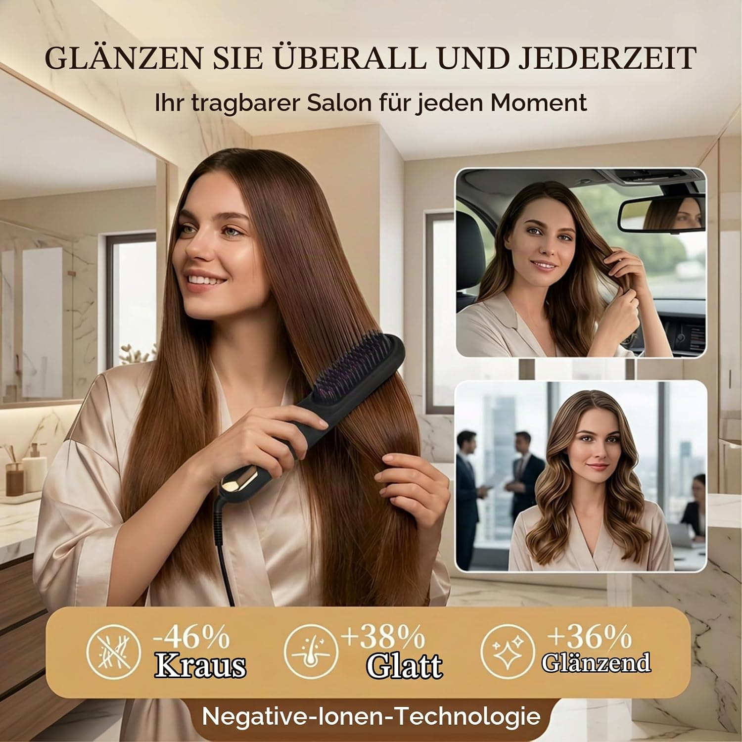 Frau stylt glattes, langes Haar mit einer Haarglättungsbürste, im Hintergrund weitere Anwendungsbeispiele.