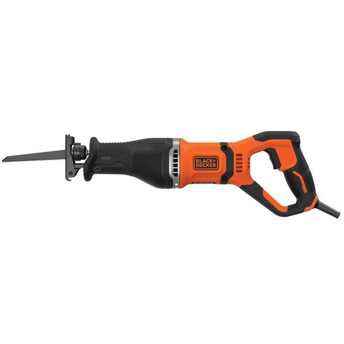Eine orange-schwarze Säbelsäge von Black+Decker vor weißem Hintergrund.