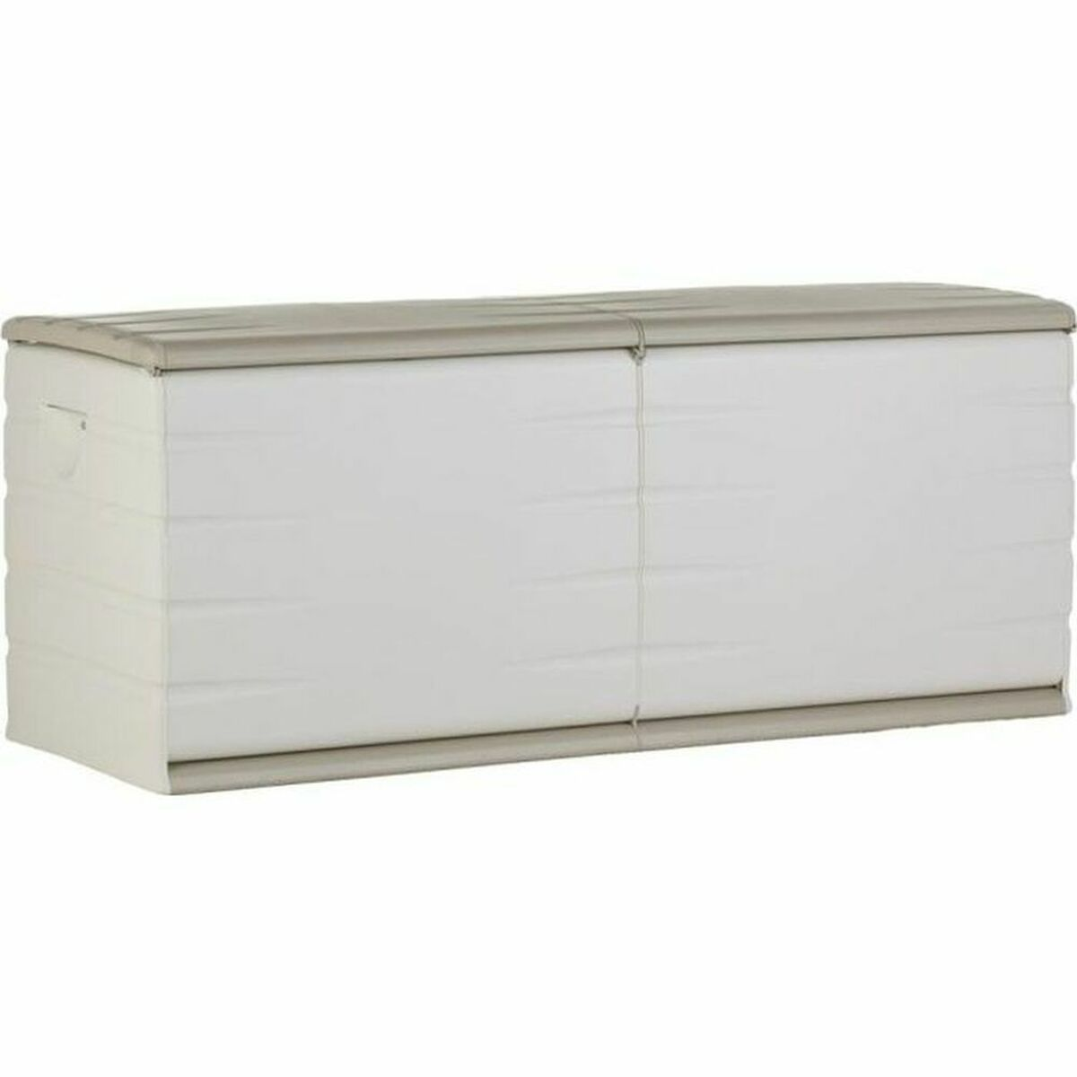Eine rechteckige, weiß-beige Kunststoff-Gartenbox vor weißem Hintergrund.