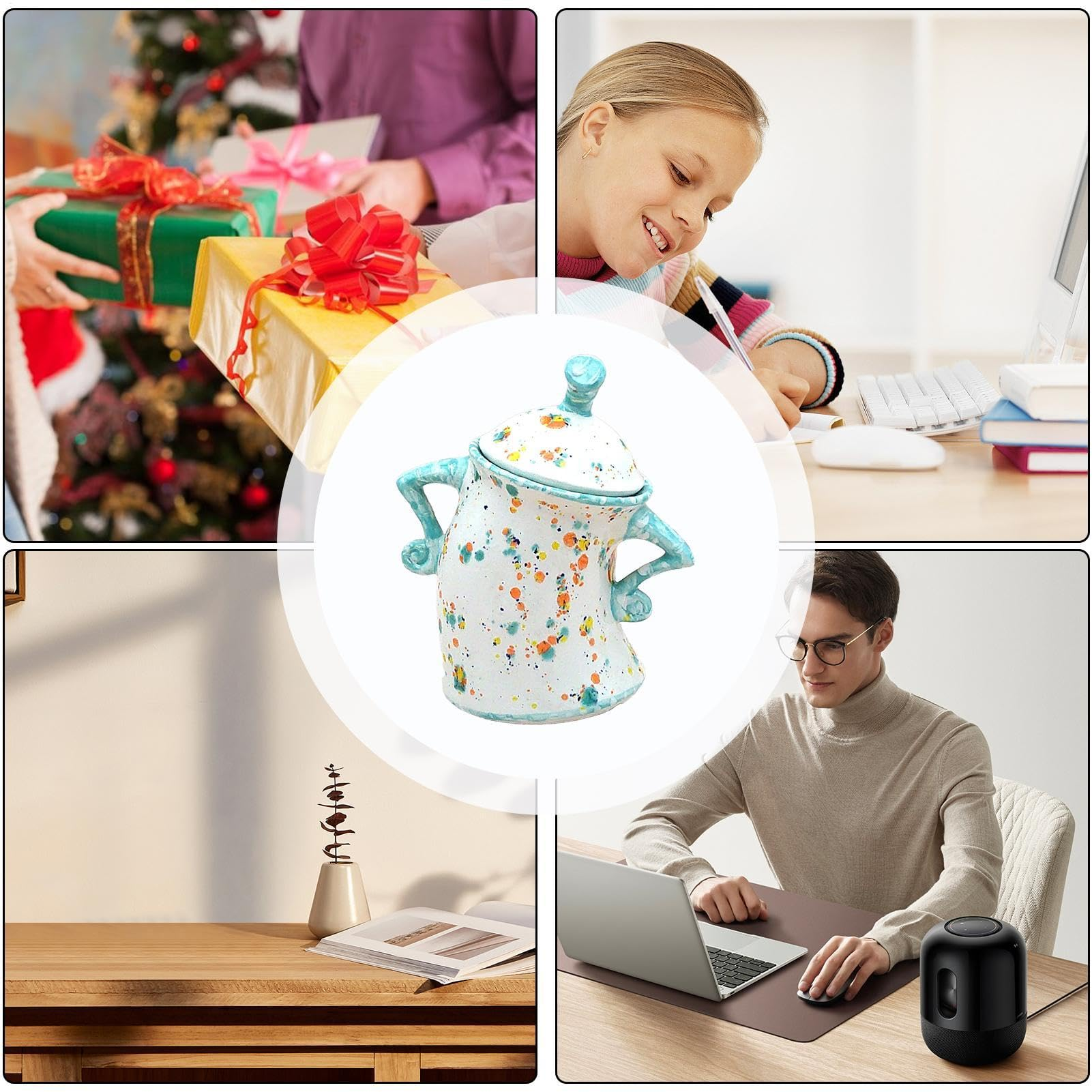 Eine Collage mit einer Zuckerdose in der Mitte, Geschenken, einem schreibenden Kind, einem Schreibtisch und einem Laptop-Nutzer.